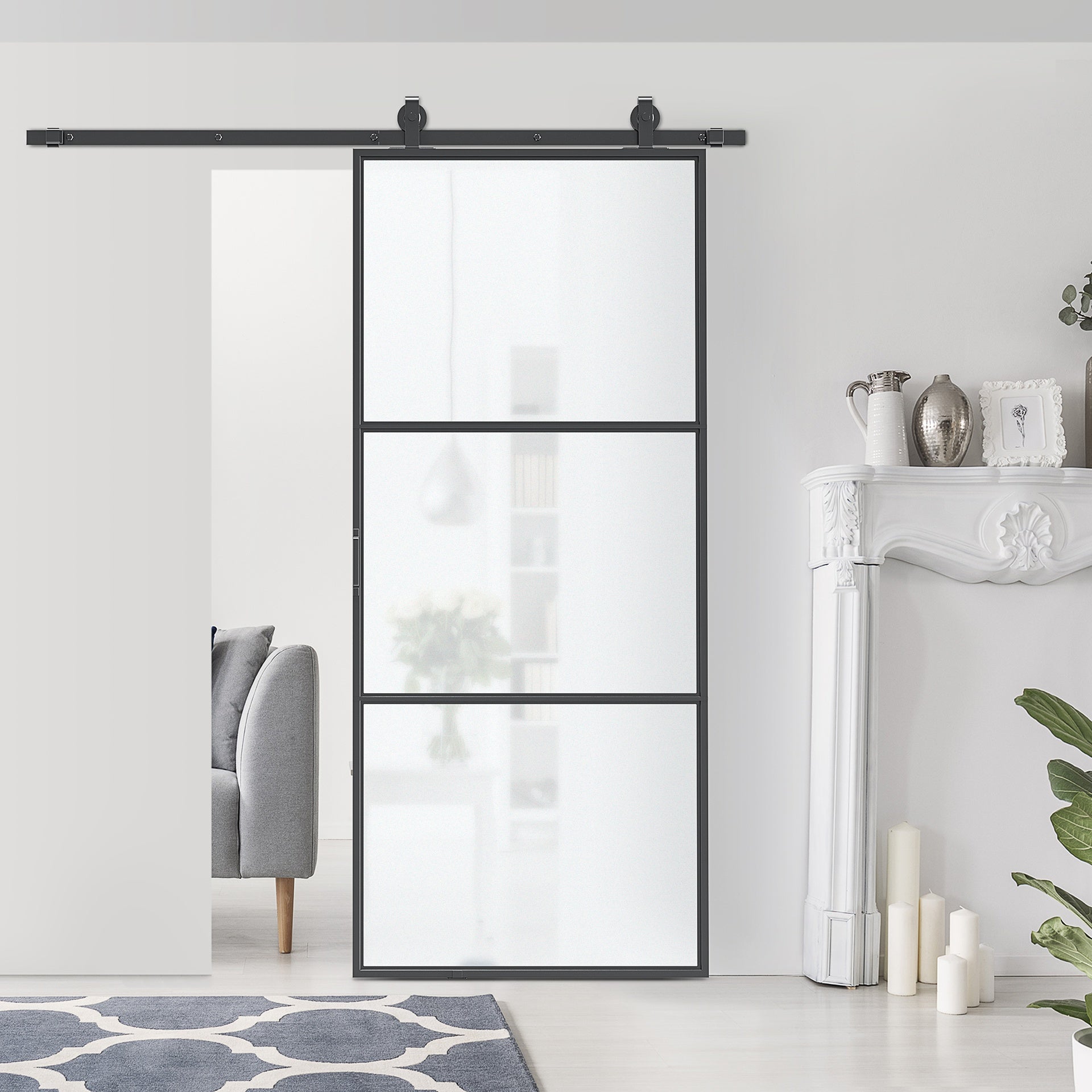 HOMCOM 36" x 84" Sliding Door with Hardware Kit, Handle, & Track, Frosted Tempered Glass Door, Easy Installation