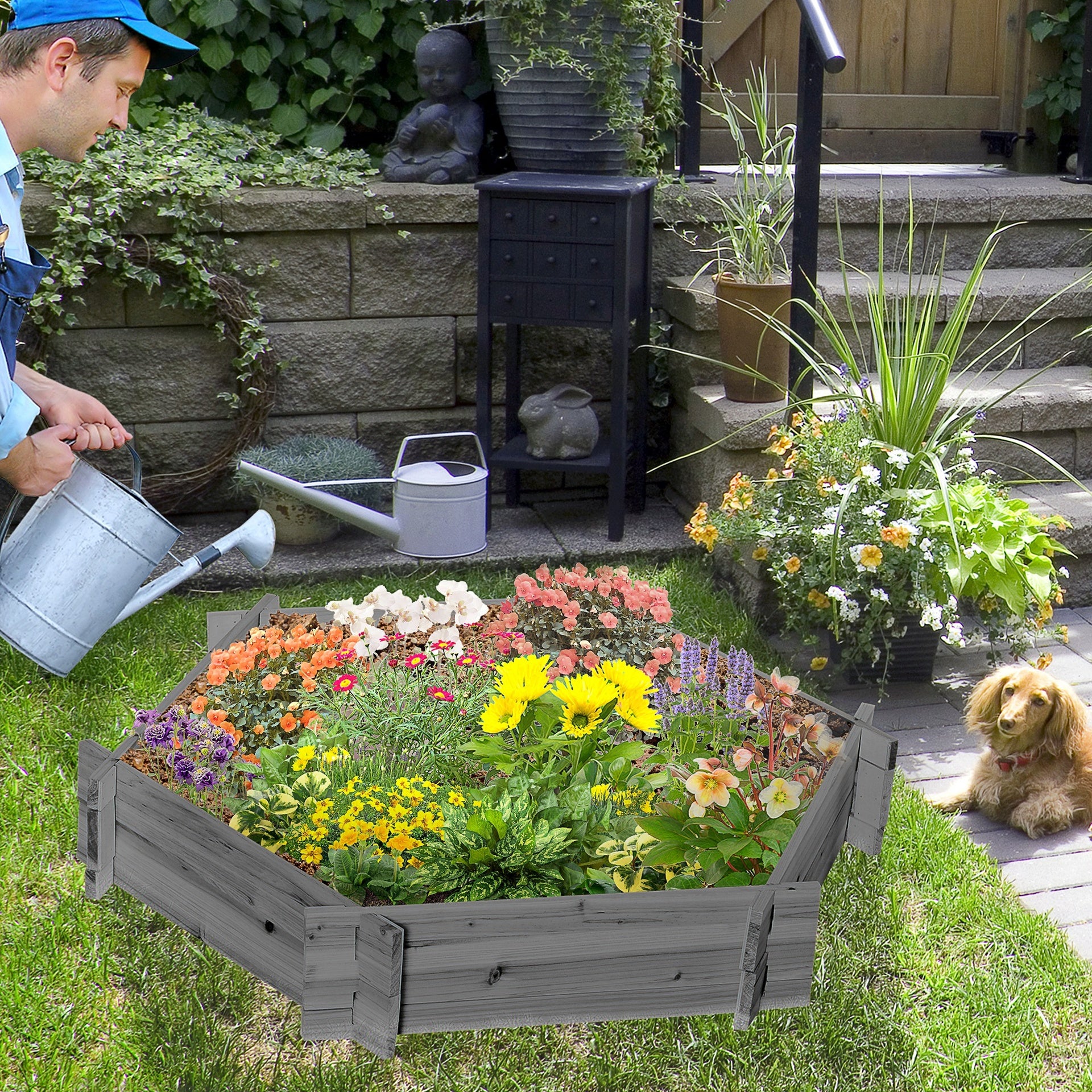 Outsunny 39" x 36" Screwless Raised Garden Bed, Hexagon Planter Box for Outdoor Plants, Vegetables, Flowers, Herbs, Gray