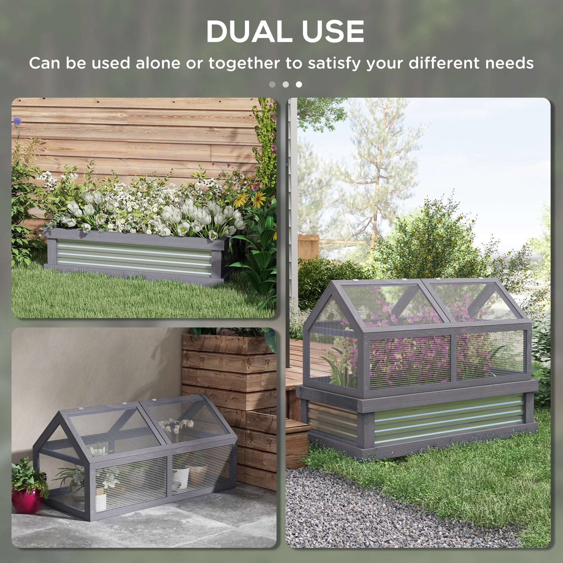 Outsunny Raised Garden Flower Bed Kit w/ Greenhouse, Wooden Cold Frame Planter, Gray