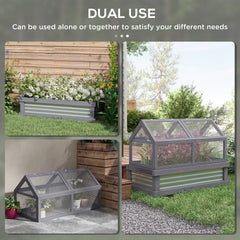 Outsunny Raised Garden Flower Bed Kit w/ Greenhouse, Wooden Cold Frame Planter, Gray