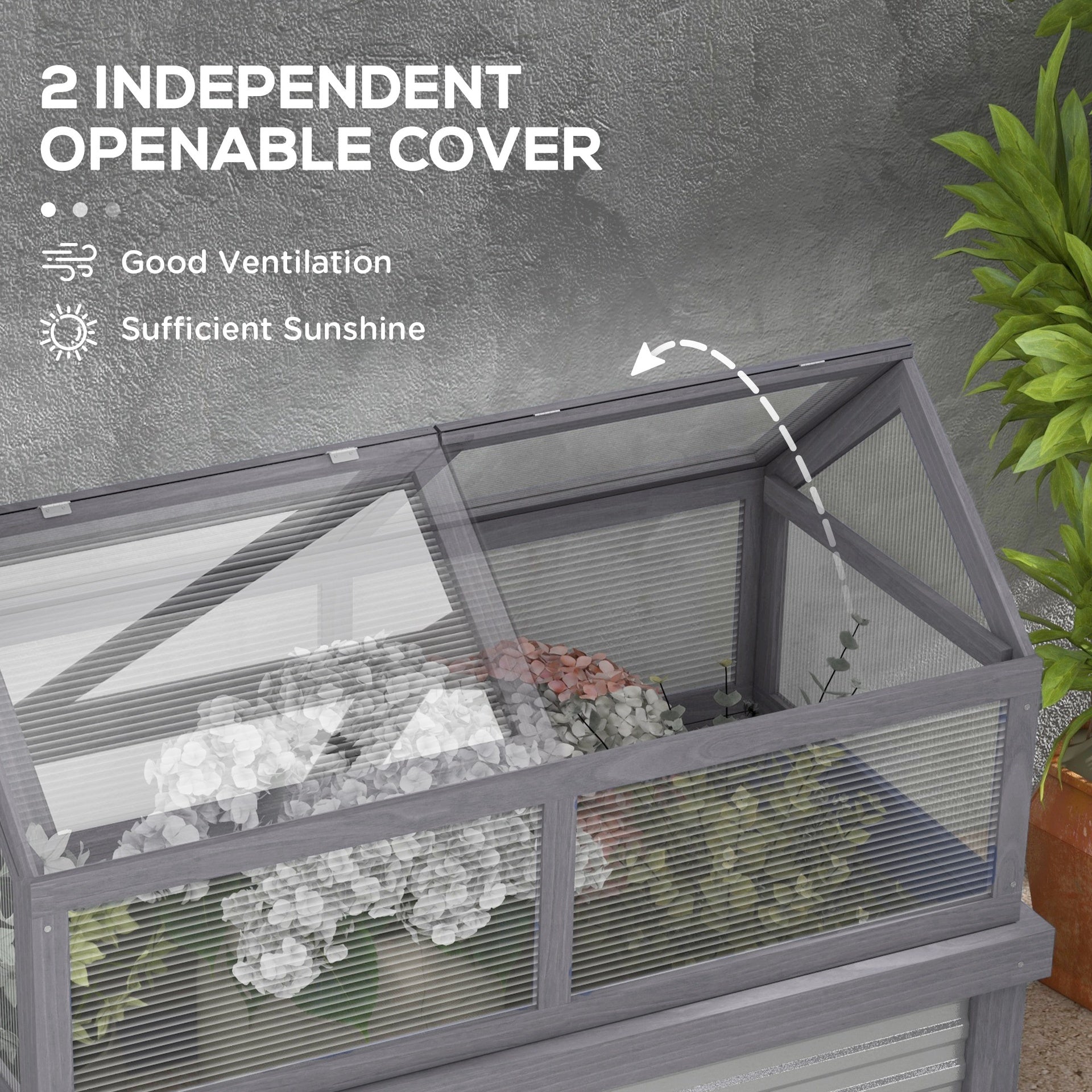 Outsunny Raised Garden Flower Bed Kit w/ Greenhouse, Wooden Cold Frame Planter, Gray