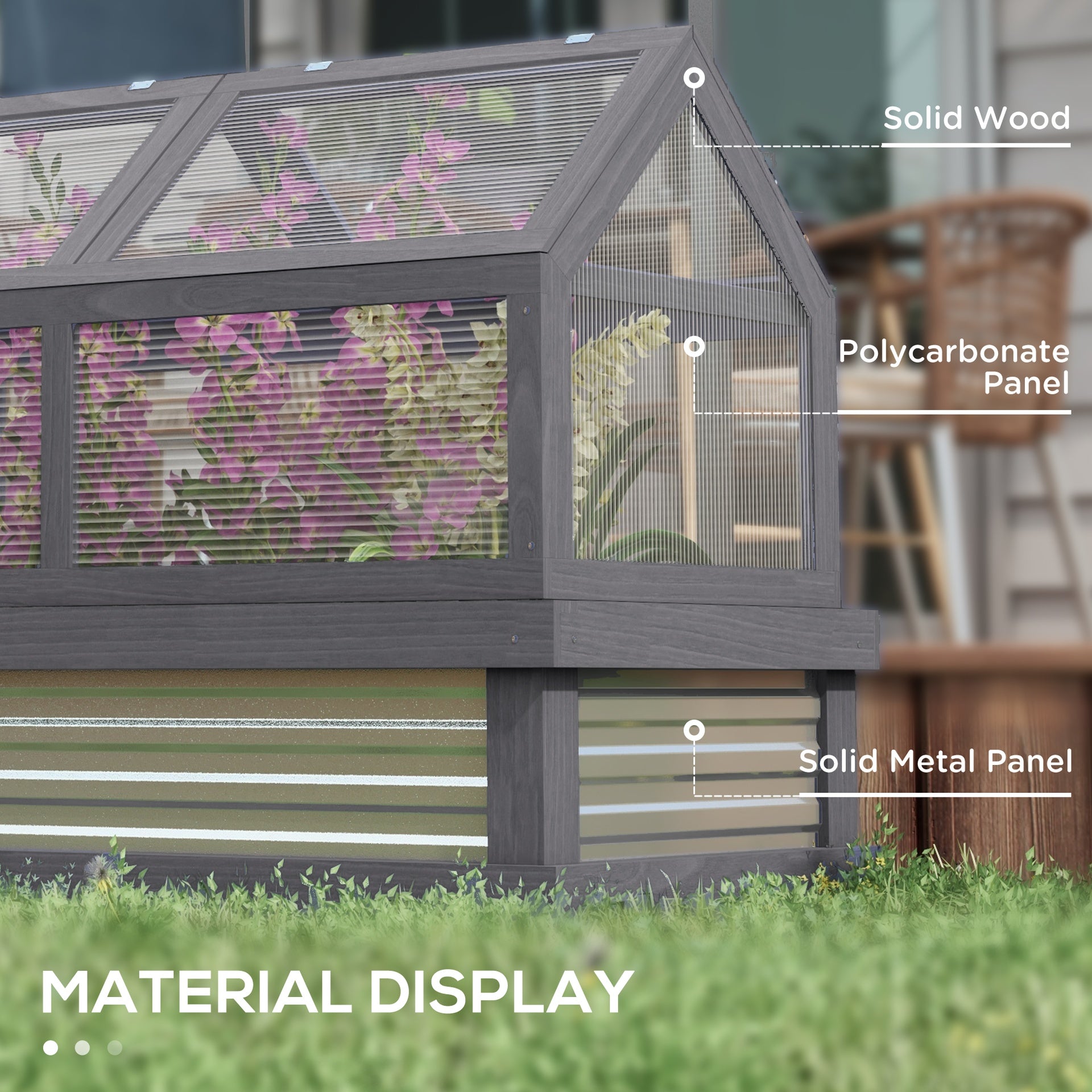Outsunny Raised Garden Flower Bed Kit w/ Greenhouse, Wooden Cold Frame Planter, Gray