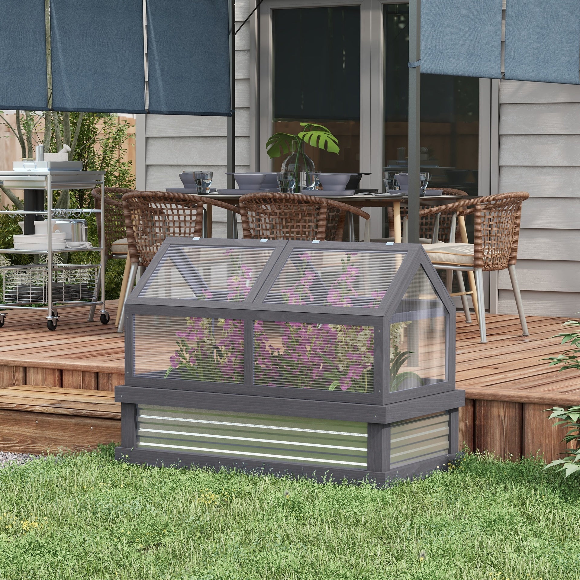Outsunny Raised Garden Flower Bed Kit w/ Greenhouse, Wooden Cold Frame Planter, Gray