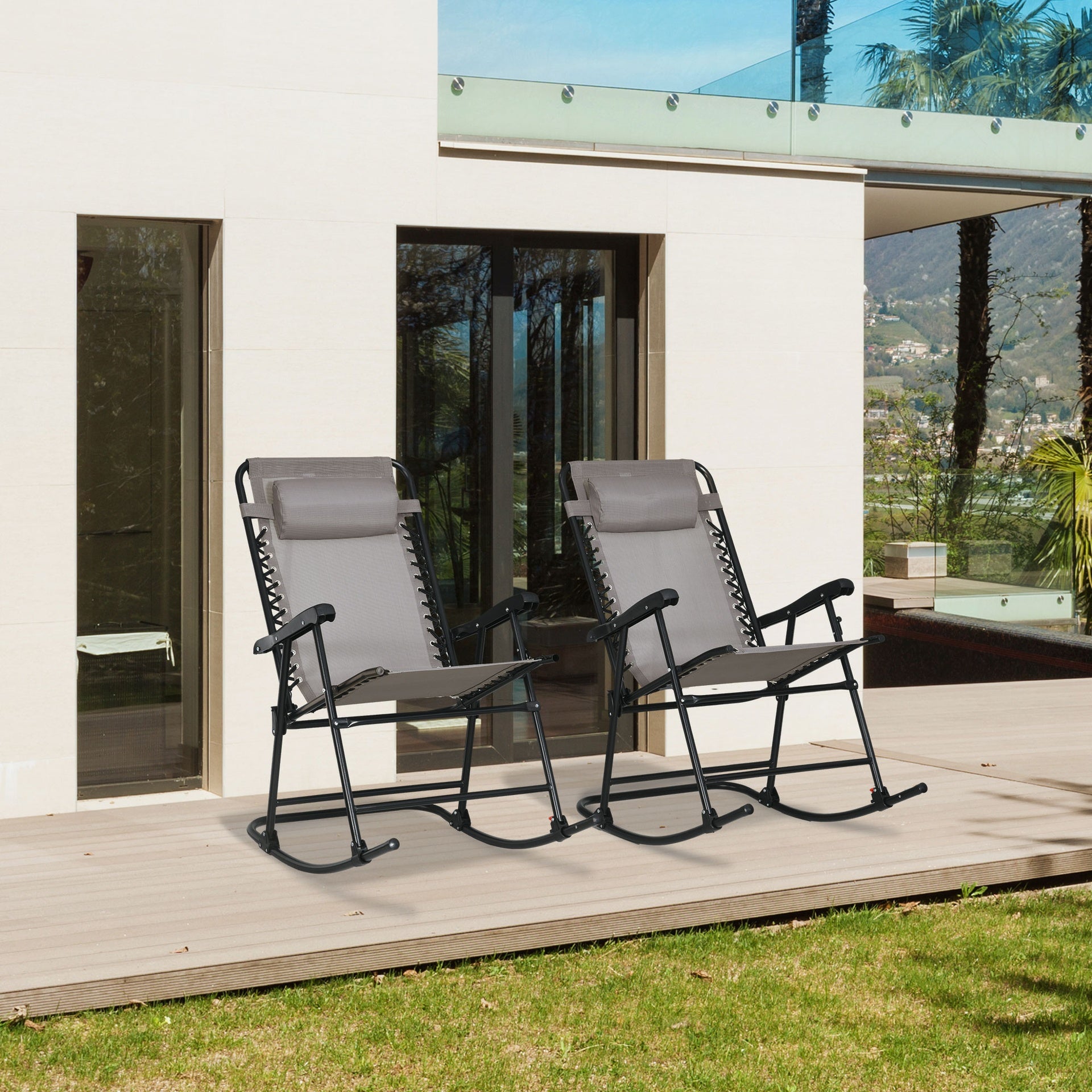 Outsunny Outdoor Rocking Chair Set of 2, Patio Folding Lawn Rocker Set with Headrests for Yard, Patio, Deck, Backyard, Gray