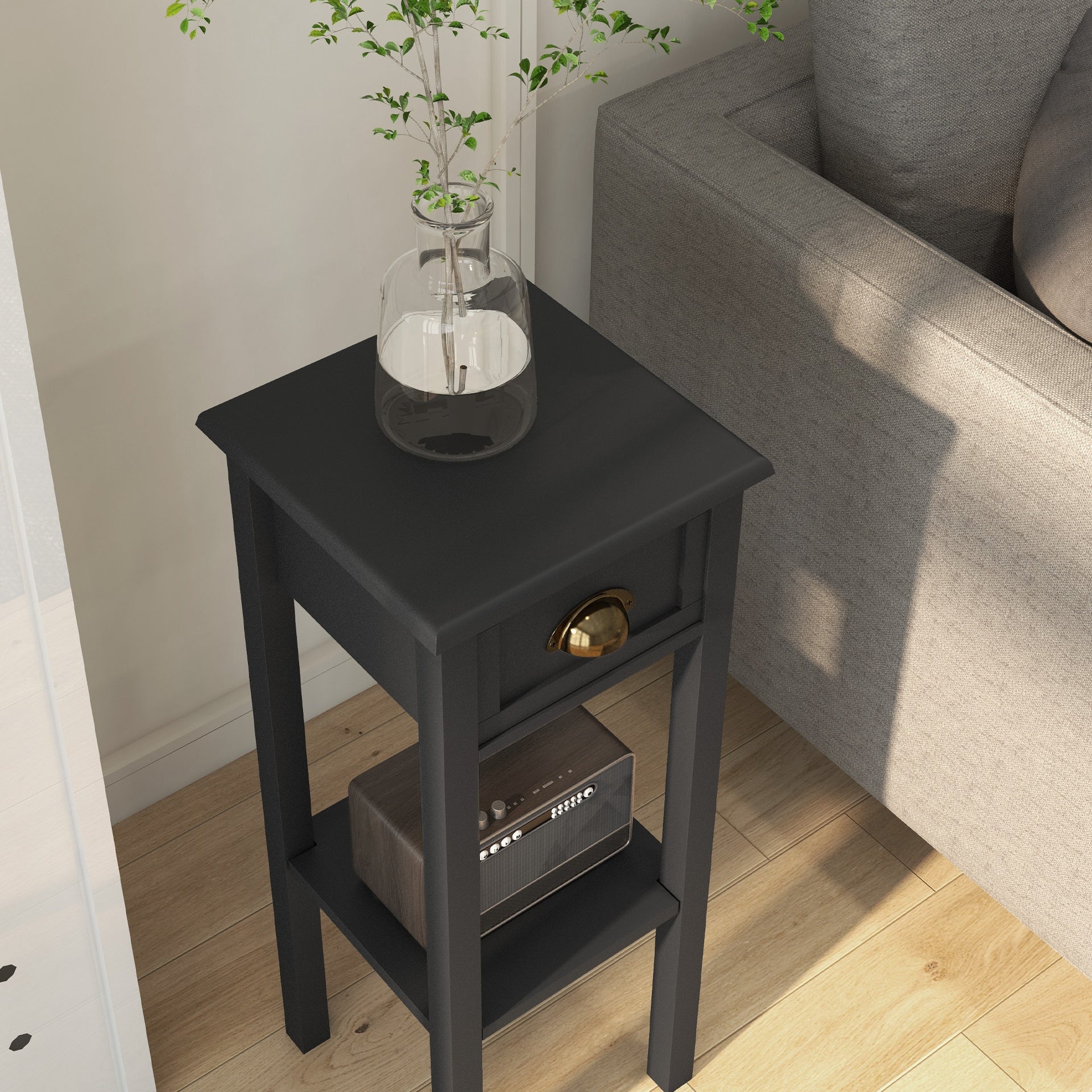 HOMCOM 2-Tier Side Tables Set of 2 with Drawer and Shelf, 2 Pieces End Tables for Living Room and Hallway, Black