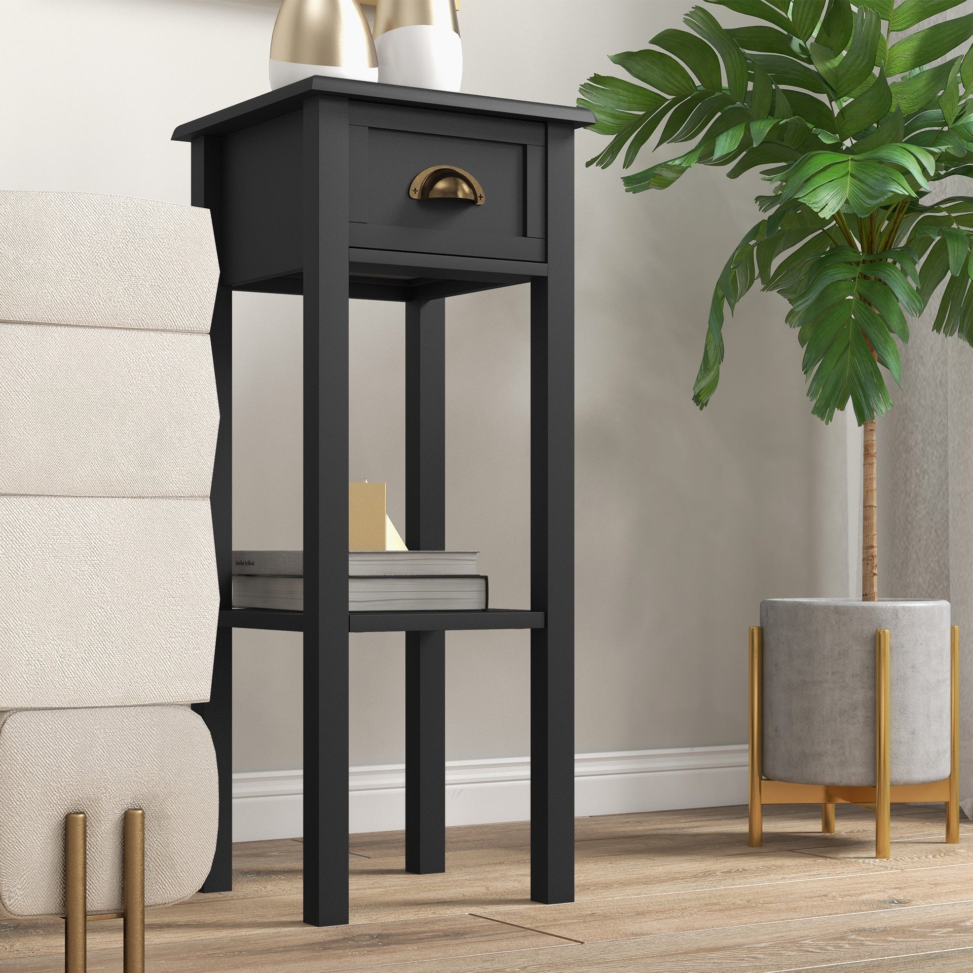 HOMCOM 2-Tier Side Tables Set of 2 with Drawer and Shelf, 2 Pieces End Tables for Living Room and Hallway, Black