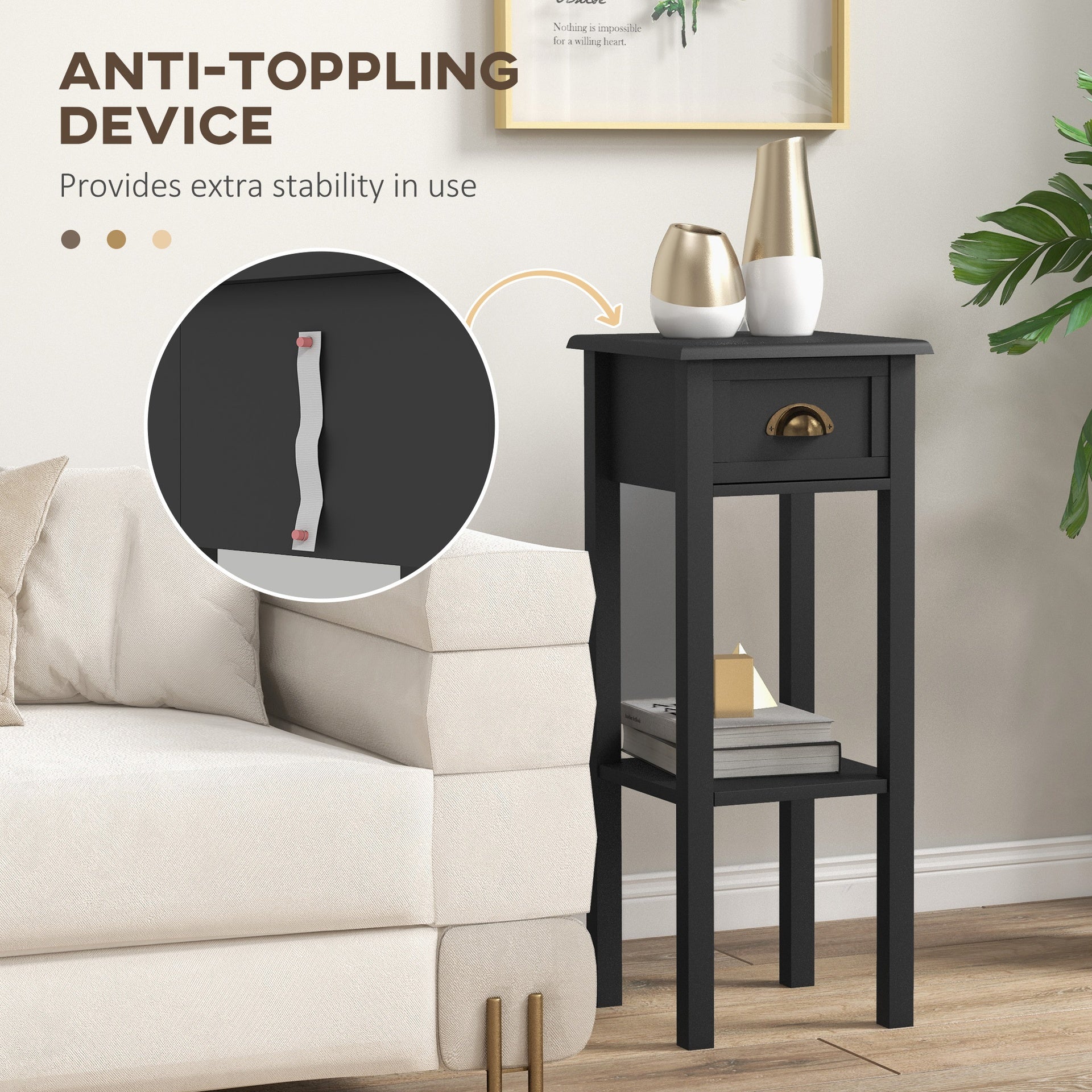 HOMCOM 2-Tier Side Tables Set of 2 with Drawer and Shelf, 2 Pieces End Tables for Living Room and Hallway, Black