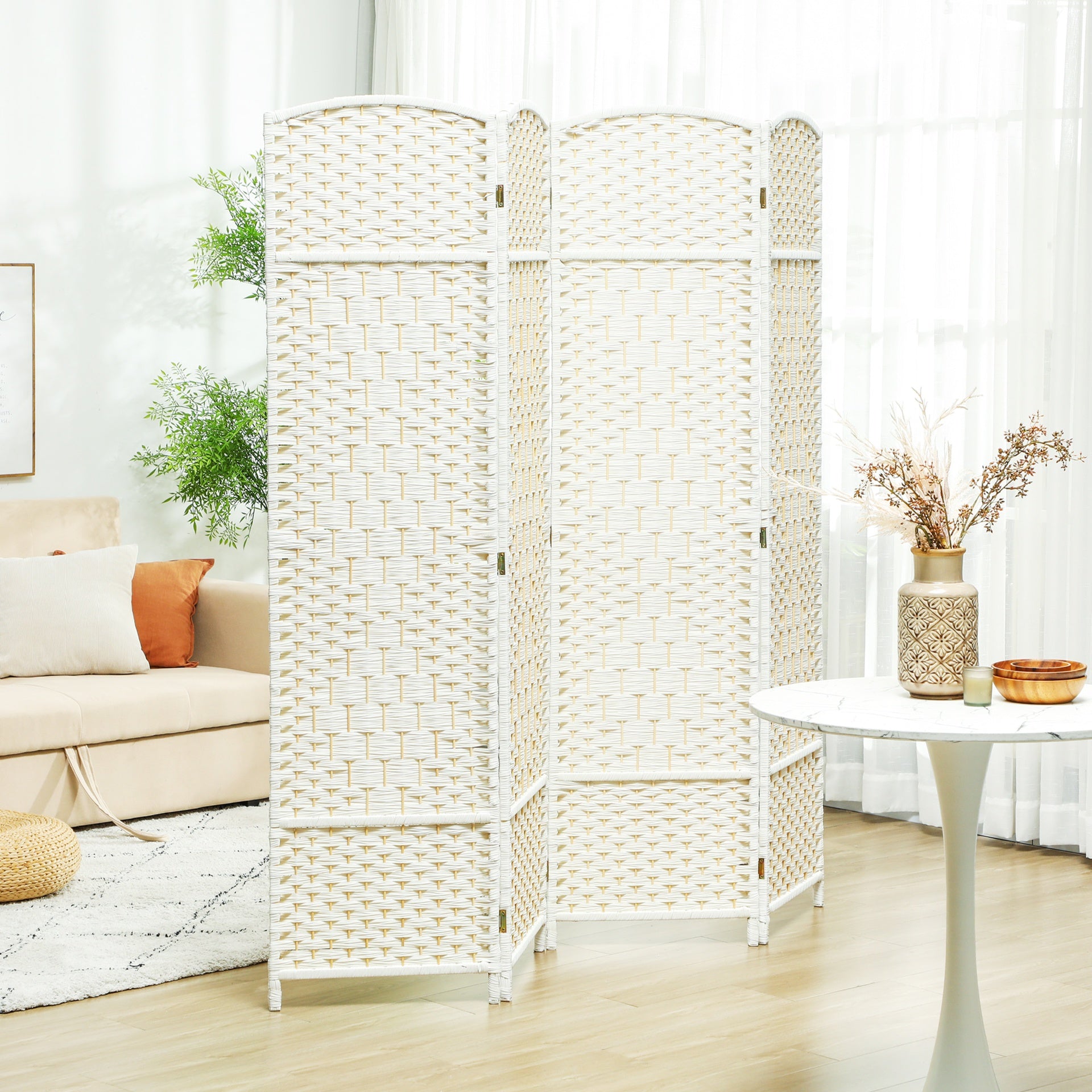 HOMCOM Folding Room Divider Screen 4 Panel 6' Tall Privacy Screen Freestanding Wood Partition for Home Office, White