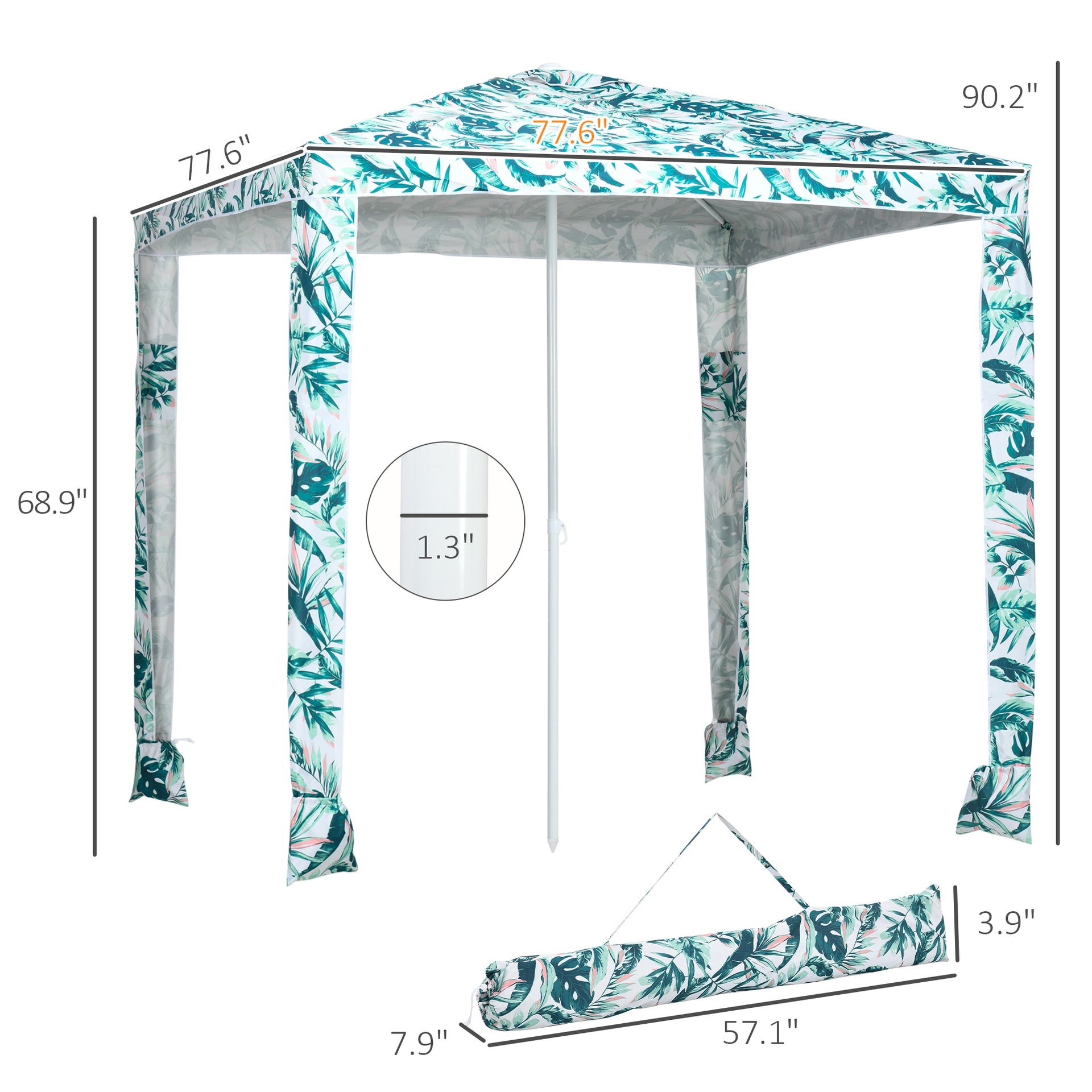 Outsunny Quick Beach Cabana Canopy Umbrella, 6.5' Easy-Assembly Sun-Shade Shelter with Sandbags and Carry Bag, Cool UV50+ Fits Kids & Family, Green Coconut Palm