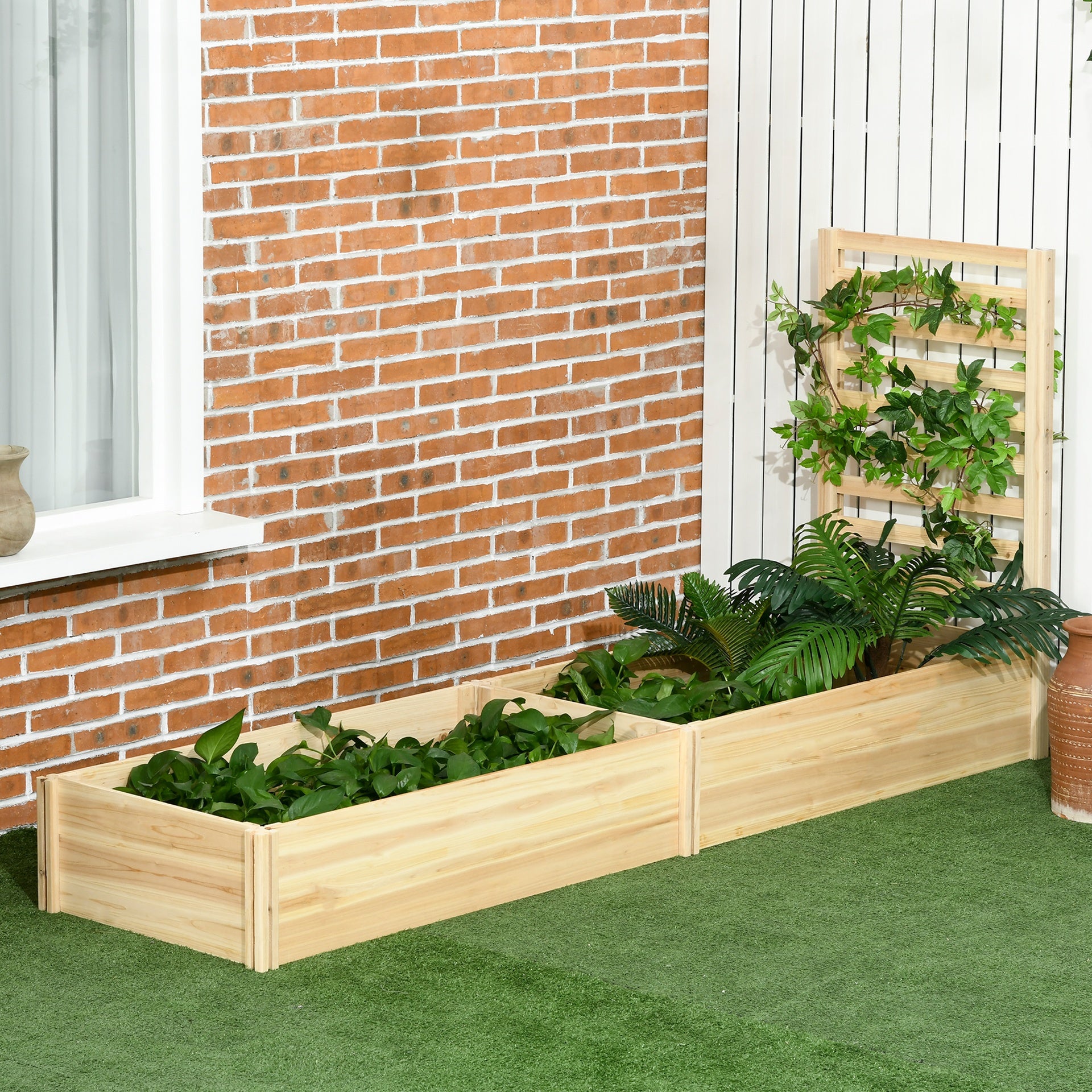 Outsunny Wood Planter Box with Trellis for Climbing Plants, Raised Garden Bed for Outdoor Flowers Herbs, 91"x24"x43", Natural