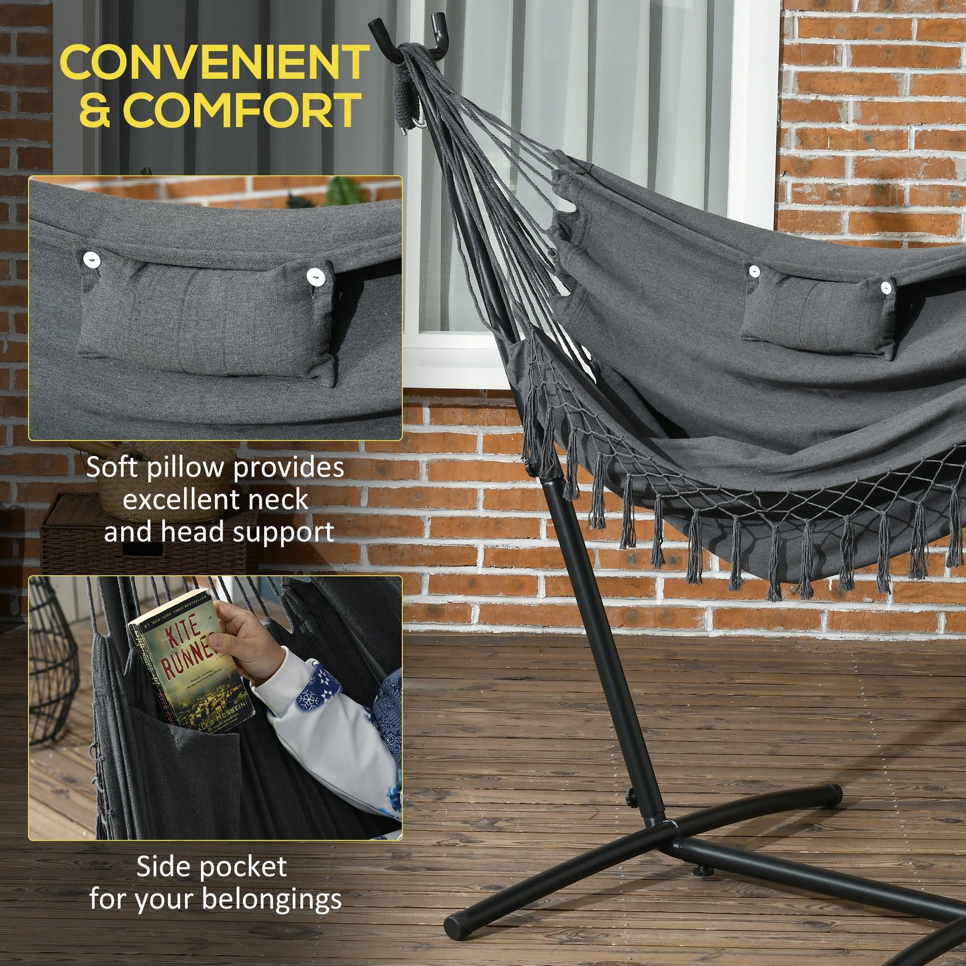 Outsunny U Shape Stand Hammock Chair, Headrest Include Hammock Swing, Dark Gray