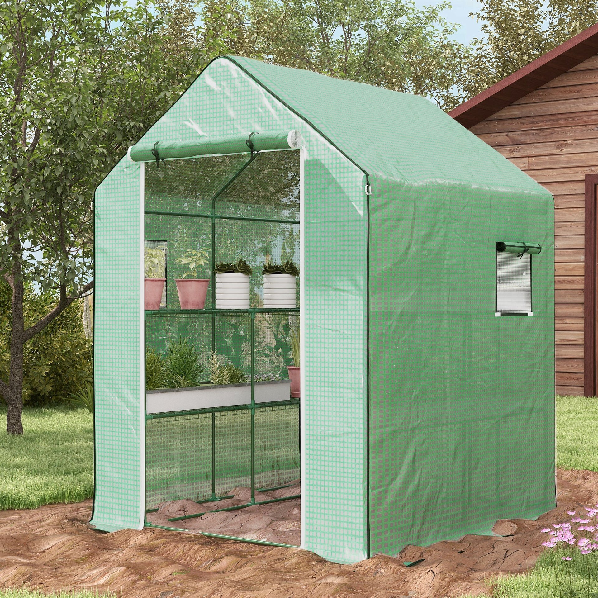 Outsunny 4.6' x 4.7' Portable Greenhouse, Water/UV Resistant Walk-In Small Outdoor Green House with 2 Tier U-Shaped Flower Rack Shelves, Roll Up Door & Windows, Green