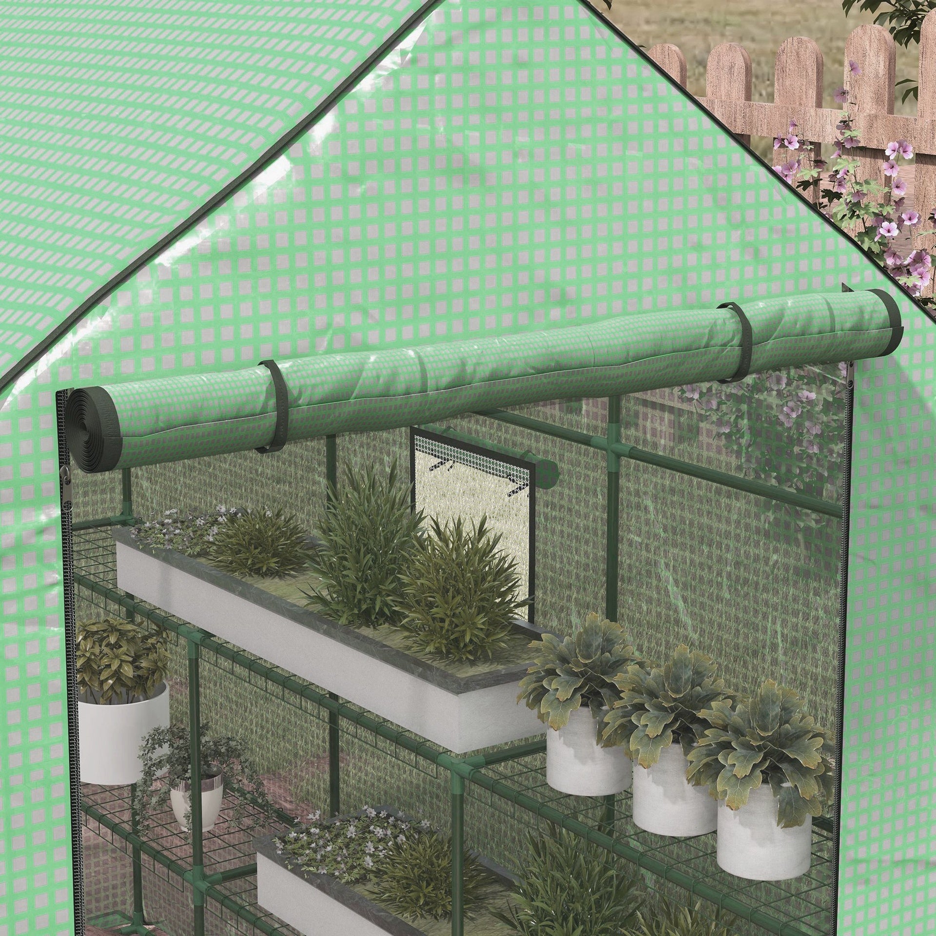 Outsunny 4.6' x 4.7' Portable Greenhouse, Water/UV Resistant Walk-In Small Outdoor Green House with 2 Tier U-Shaped Flower Rack Shelves, Roll Up Door & Windows, Green