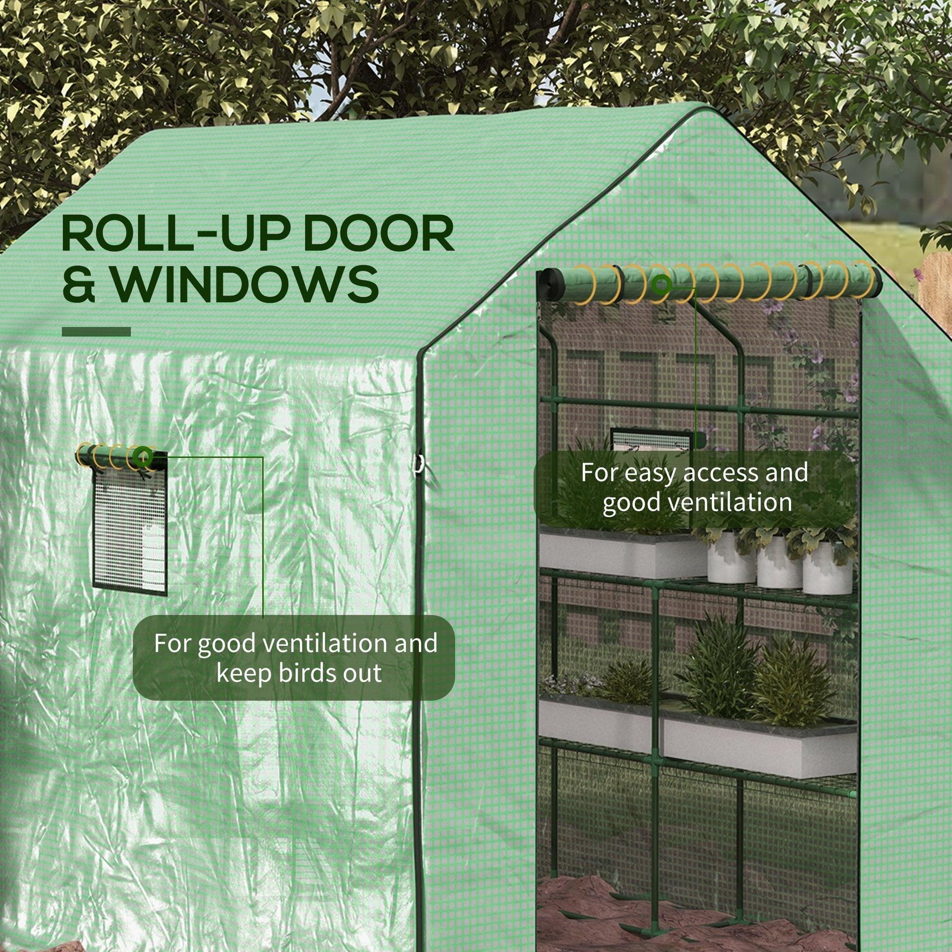 Outsunny 4.6' x 4.7' Portable Greenhouse, Water/UV Resistant Walk-In Small Outdoor Green House with 2 Tier U-Shaped Flower Rack Shelves, Roll Up Door & Windows, Green