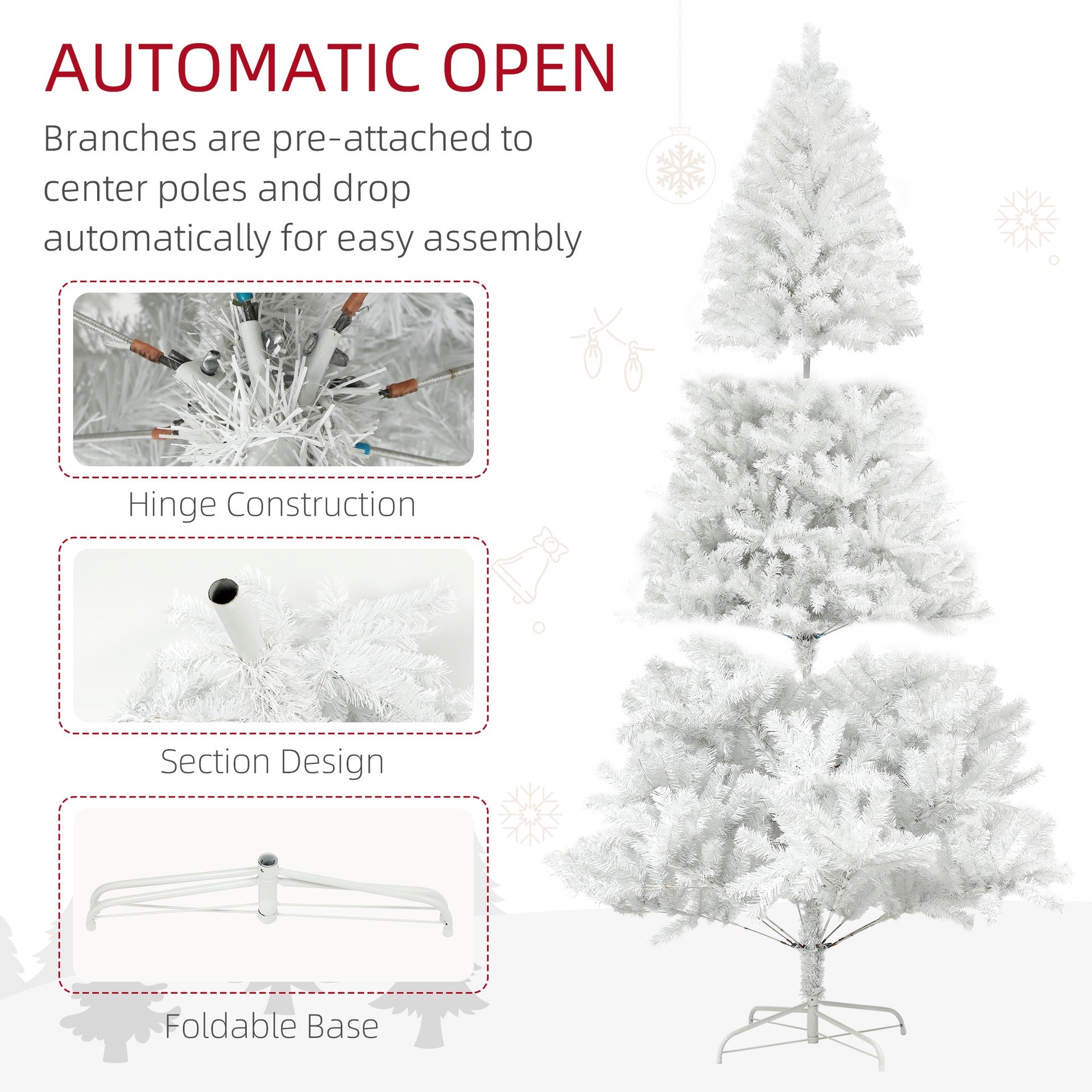 HOMCOM 7.5ft Unlit Artificial White Christmas Tree, Holiday Decor with 1346 Branch Tips, Auto Open and Steel Base