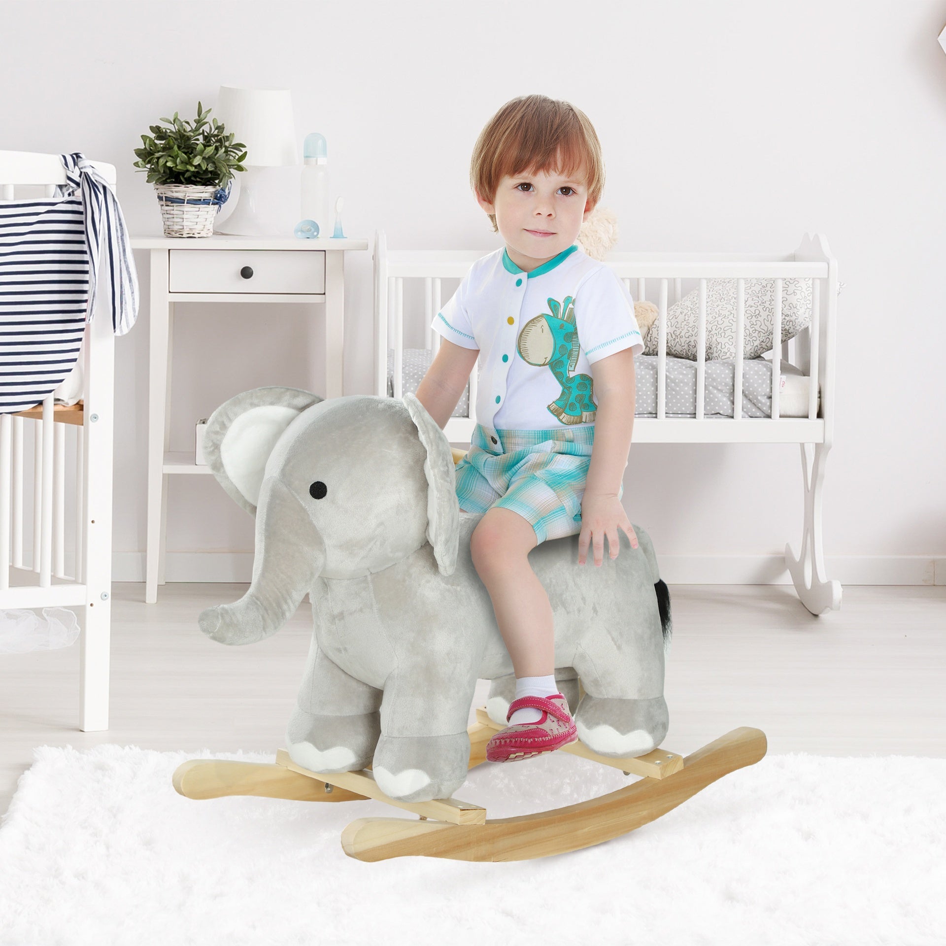 Qaba Kids Rocking Animal, Elephant Rocker with Realistic Sounds, Plush Ride on Toy for Years 2-4, Gray