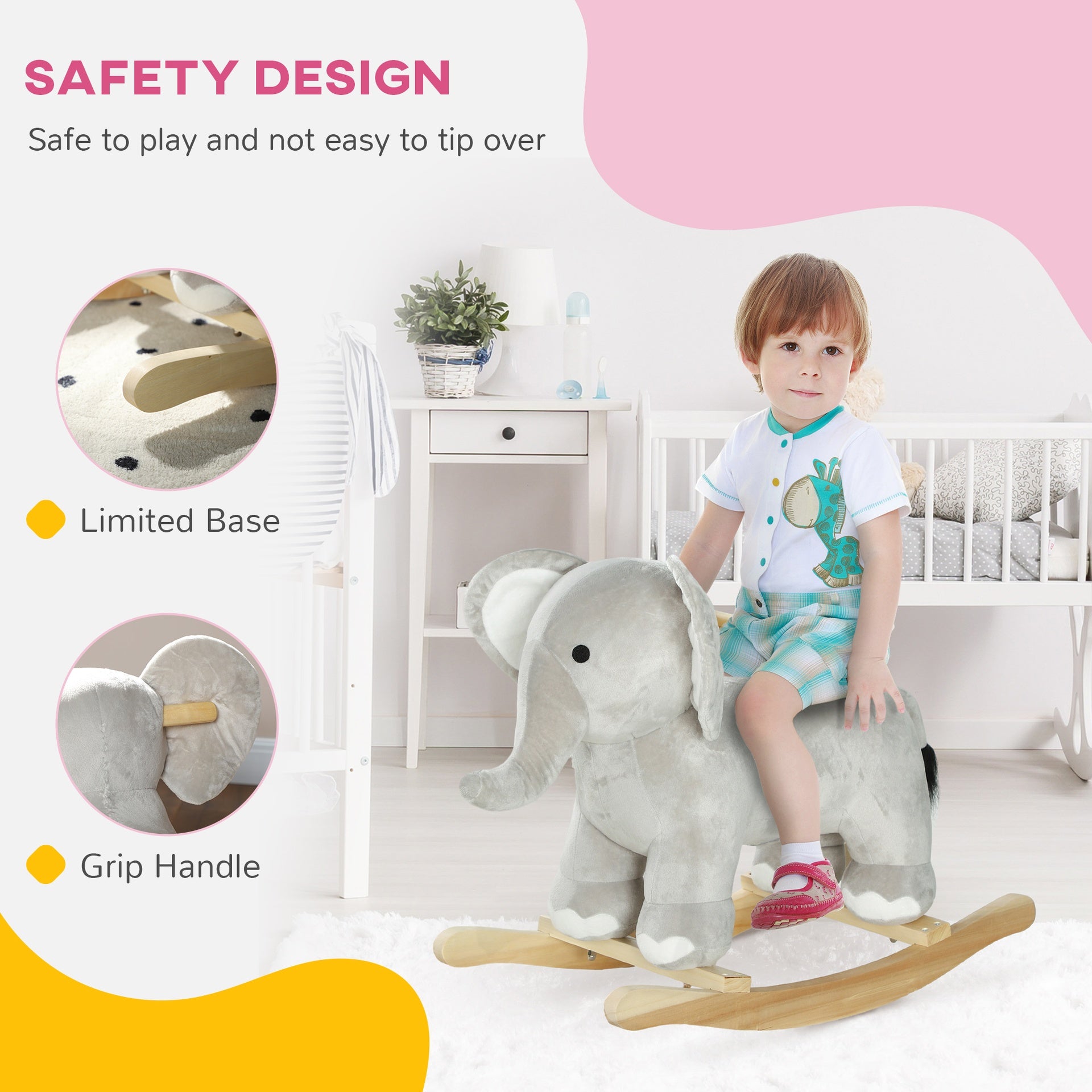 Qaba Kids Rocking Animal, Elephant Rocker with Realistic Sounds, Plush Ride on Toy for Years 2-4, Gray