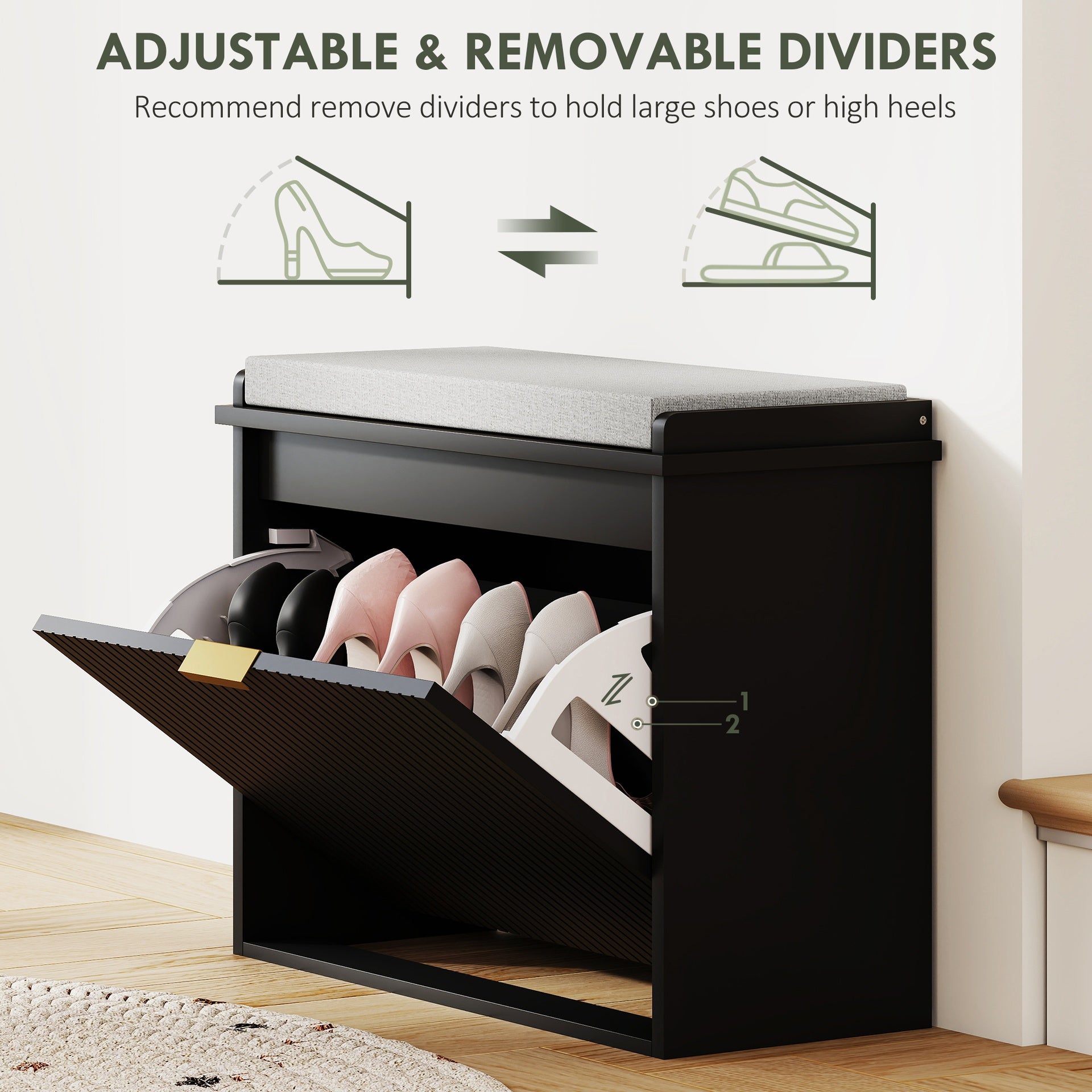 HOMCOM Shoe Storage Bench with Padded Seat Cushion and Flip-Drawer, Entryway Bench, Shoe Cabinet, 24.4x10.2x18.7 Inches, Black