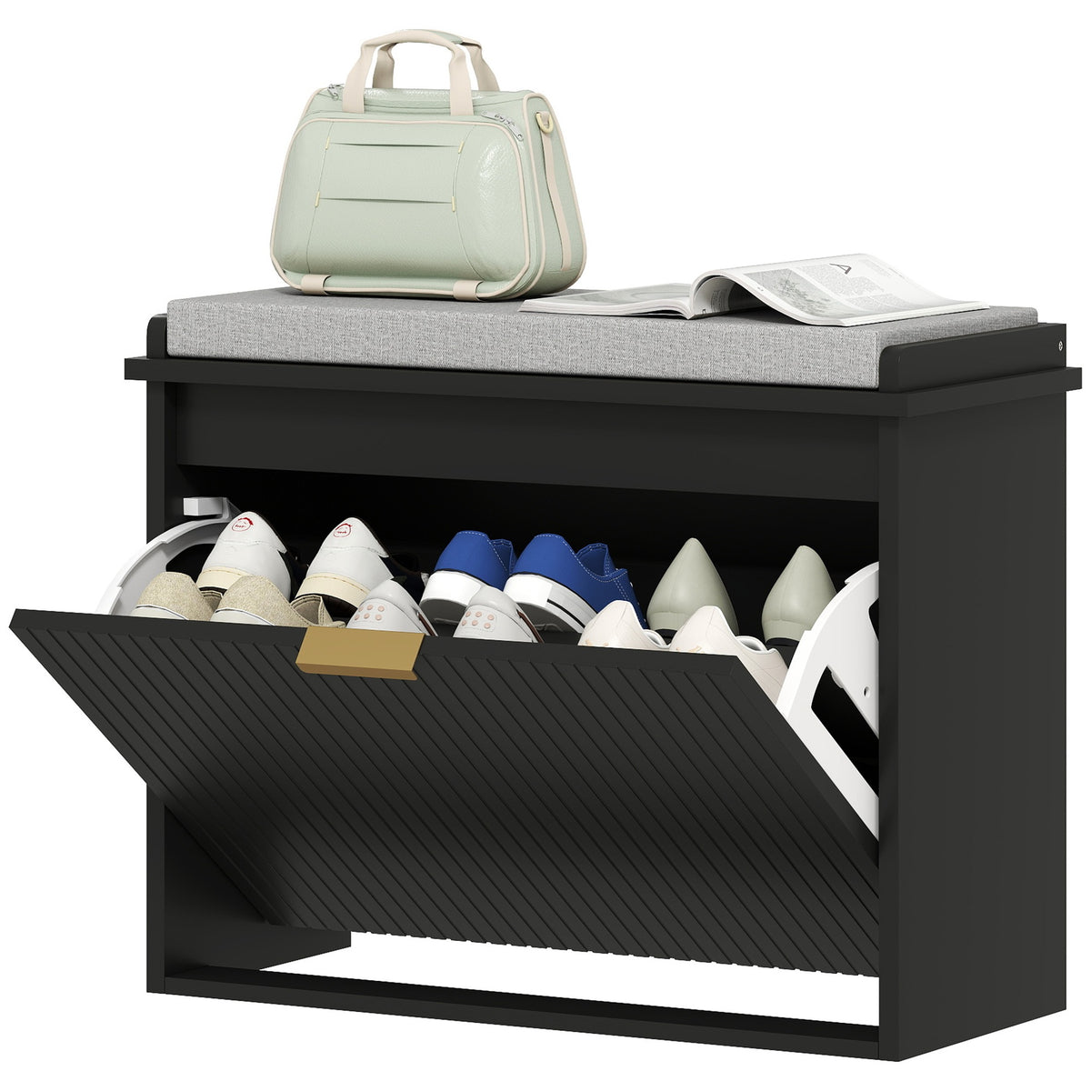 HOMCOM Shoe Storage Bench with Padded Seat Cushion and Flip-Drawer, Entryway Bench, Shoe Cabinet, 24.4x10.2x18.7 Inches, Black