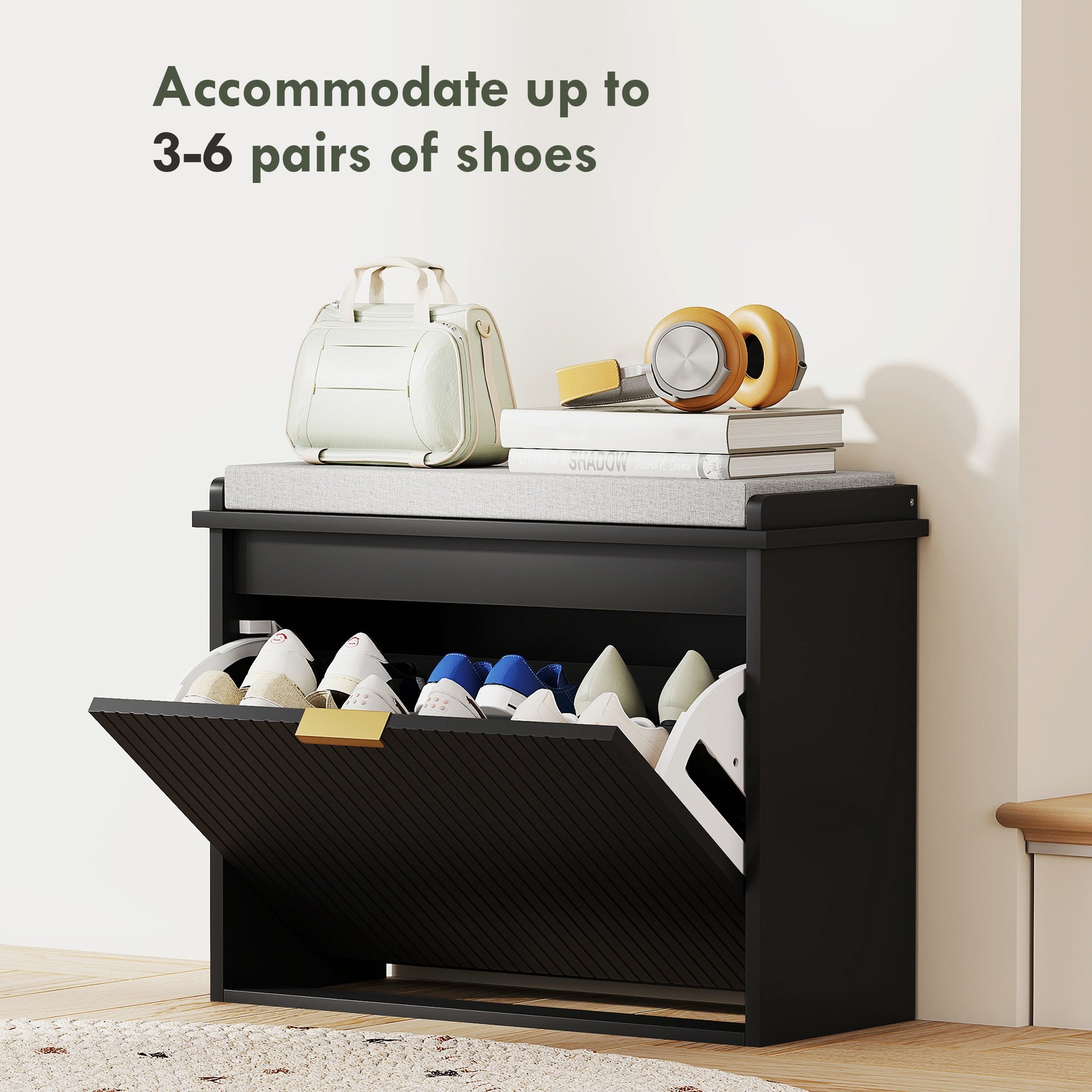 HOMCOM Shoe Storage Bench with Padded Seat Cushion and Flip-Drawer, Entryway Bench, Shoe Cabinet, 24.4x10.2x18.7 Inches, Black
