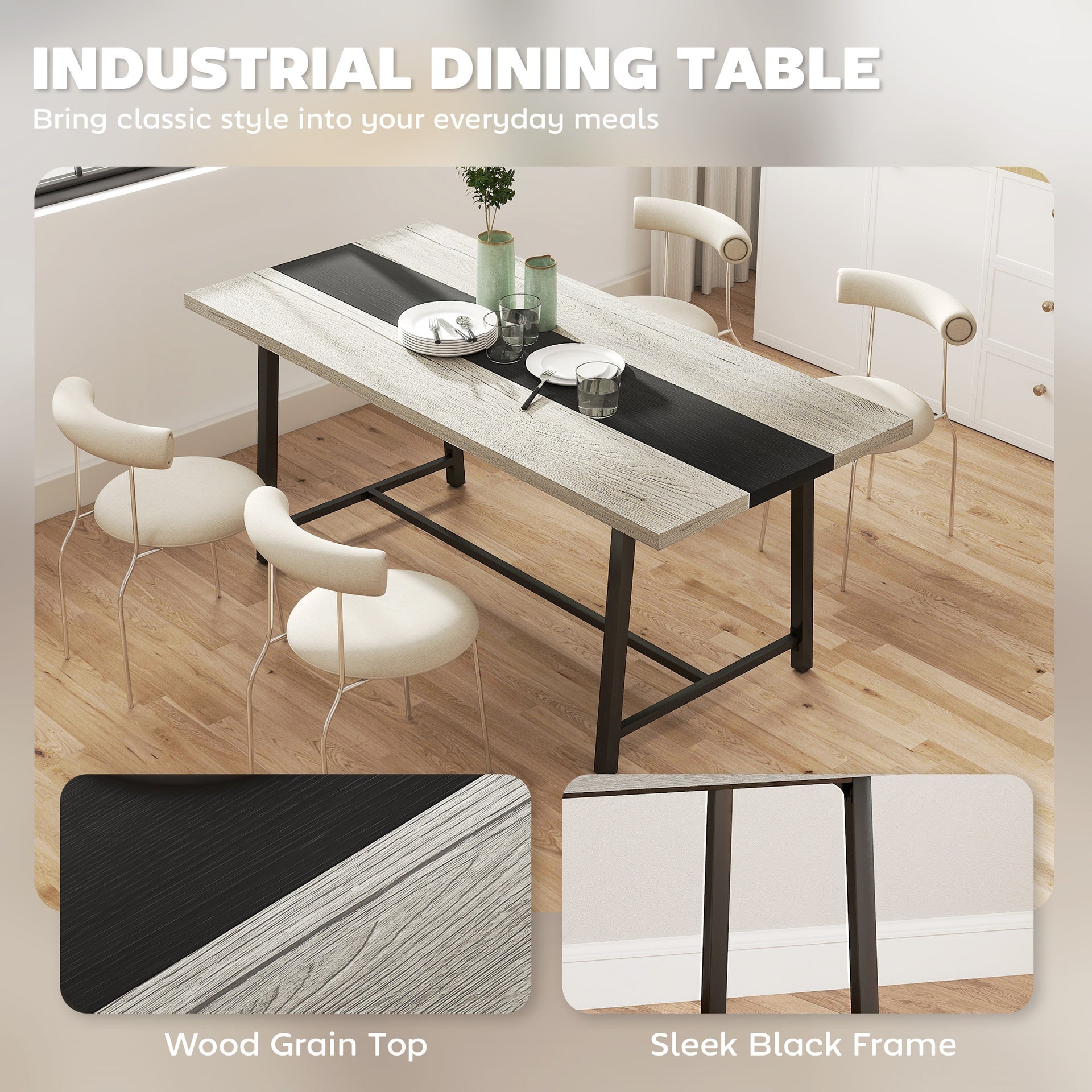 HOMCOM Industrial Kitchen Table for 8 People, 70.9" Long Dining Table with Large Tabletop and Steel Legs for Dining Room, Gray