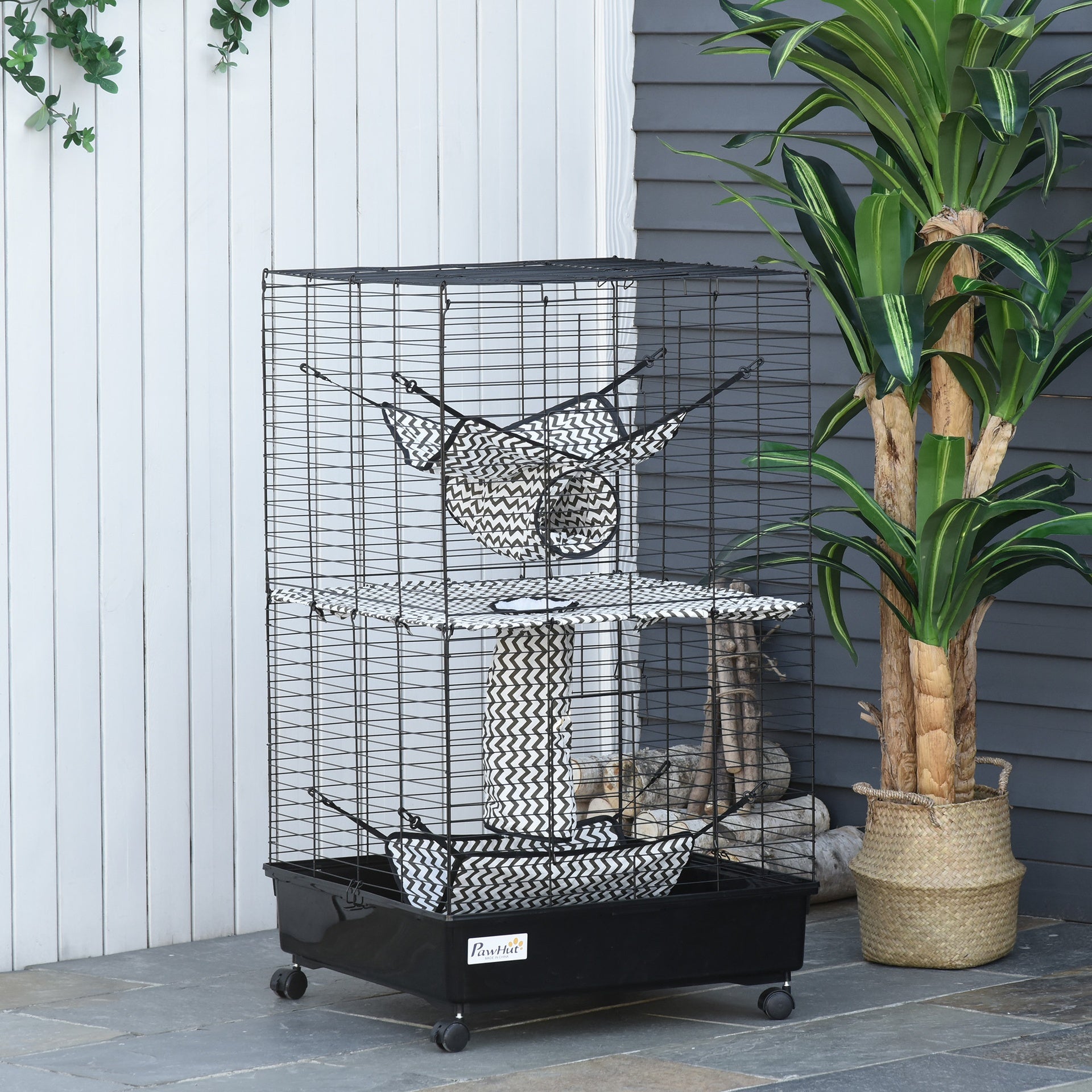 PawHut 42" Ferret Cage, Small Animal Habitat Metal Pet Cage with Wheels Brakes, Hammocks, Hanging Tunnels, and 3 Doors, Black