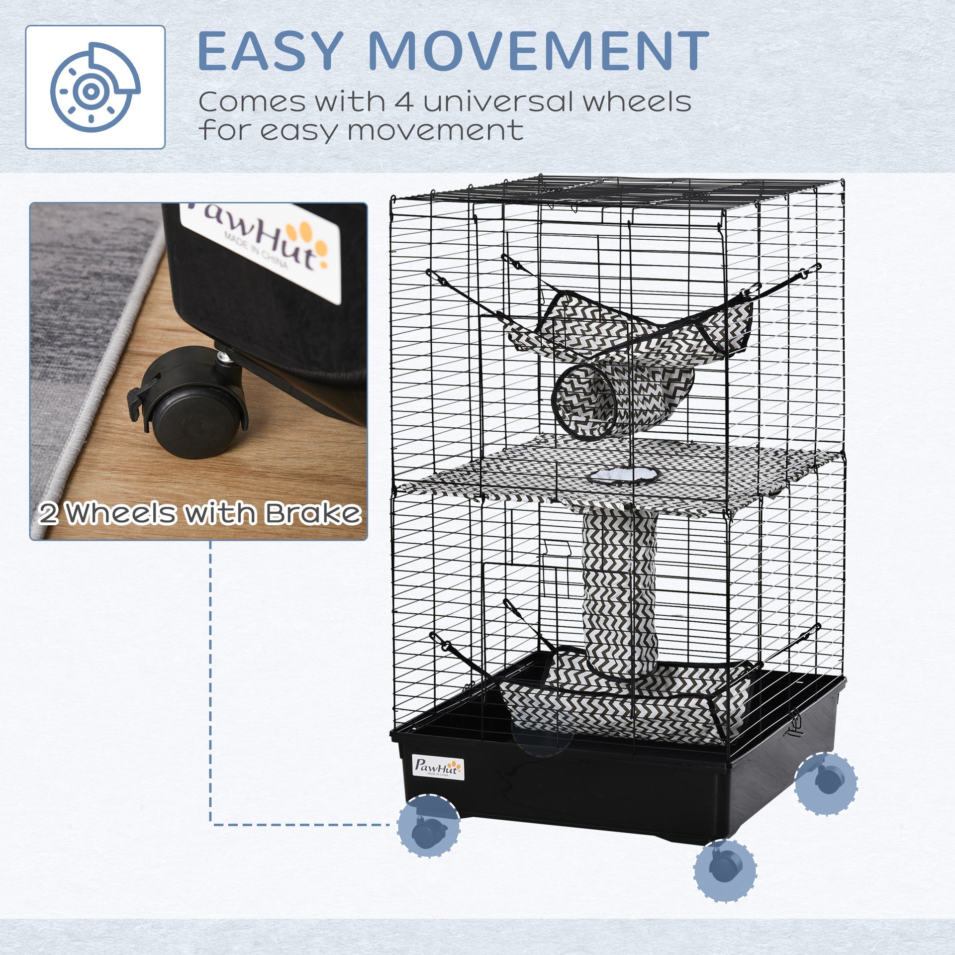 PawHut 42" Ferret Cage, Small Animal Habitat Metal Pet Cage with Wheels Brakes, Hammocks, Hanging Tunnels, and 3 Doors, Black