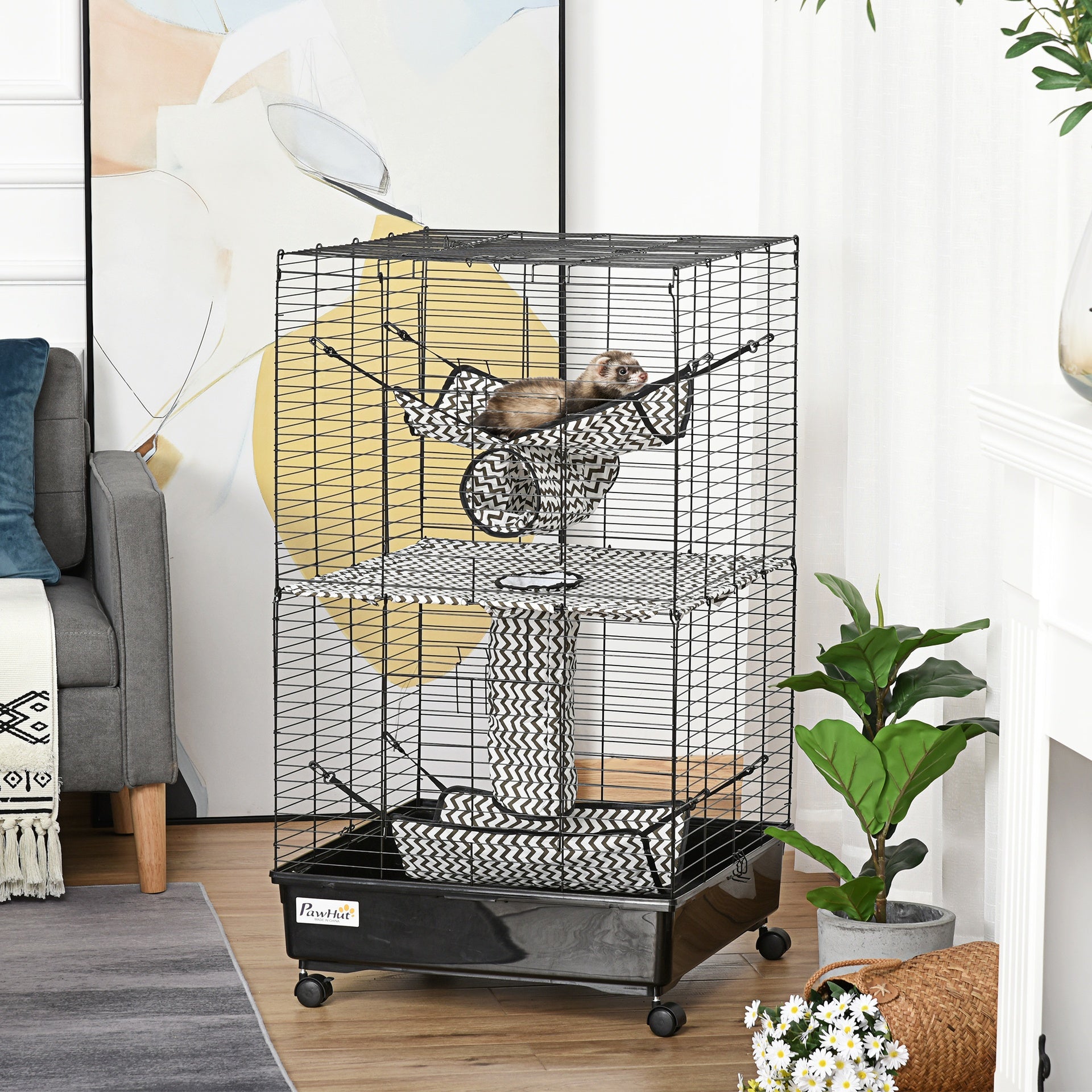 PawHut 42" Ferret Cage, Small Animal Habitat Metal Pet Cage with Wheels Brakes, Hammocks, Hanging Tunnels, and 3 Doors, Black