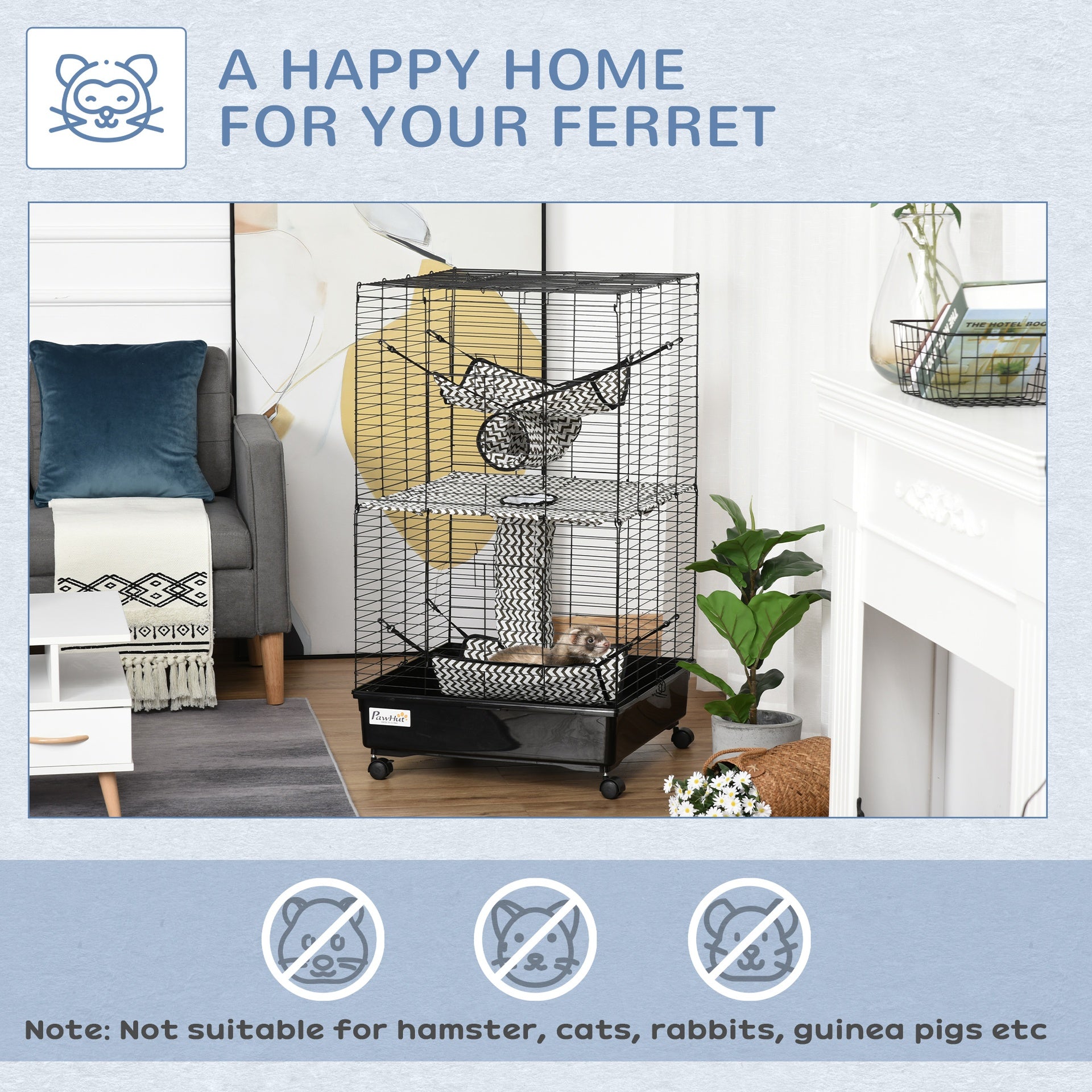 PawHut 42" Ferret Cage, Small Animal Habitat Metal Pet Cage with Wheels Brakes, Hammocks, Hanging Tunnels, and 3 Doors, Black