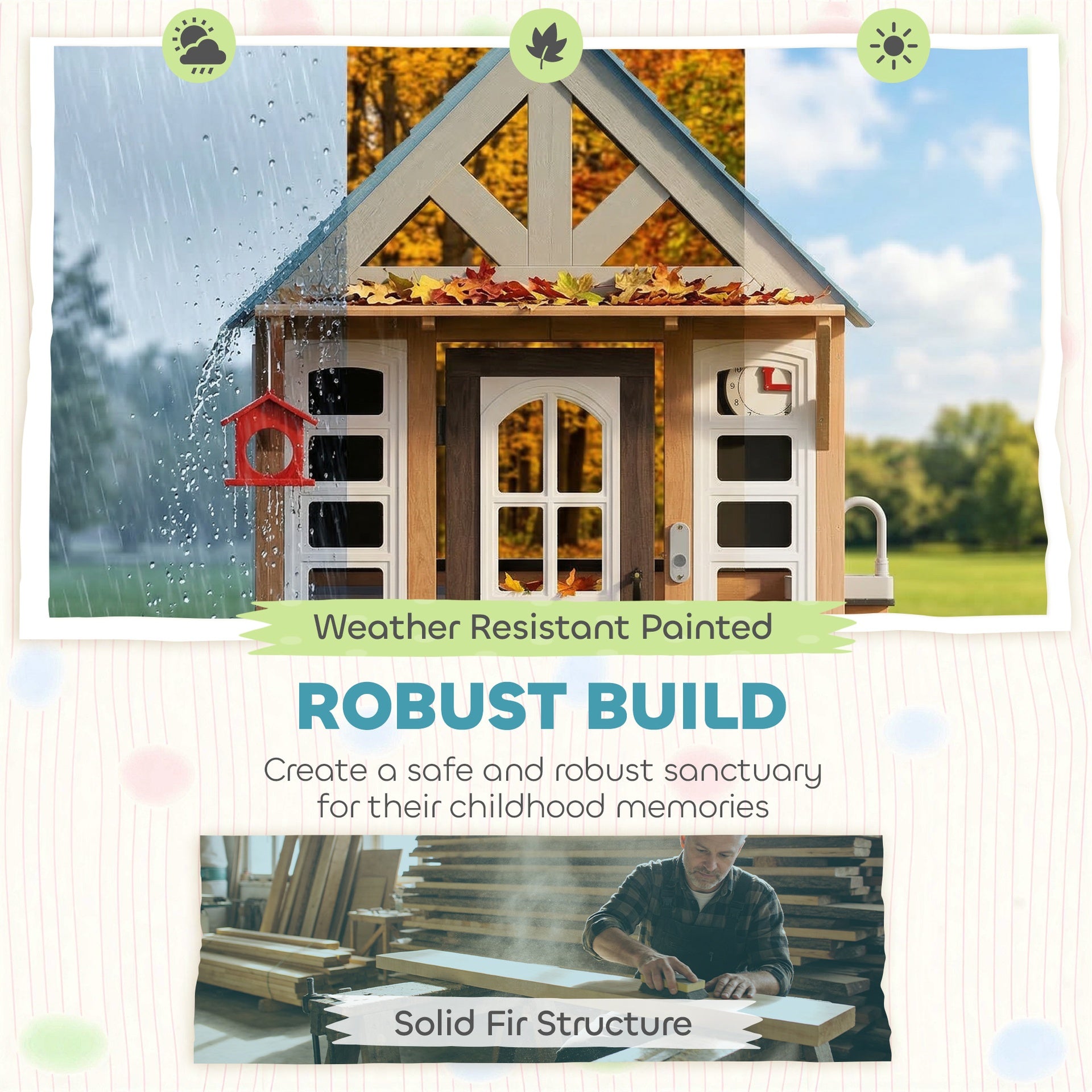 Qaba Wooden Kids Playhouse with Pet Door, Play Kitchen, Mailbox, Doorbell, Birdhouse, Fence and Windows for Pretend Play