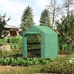 Outsunny 7' x 5' x 6' Walk-in Greenhouse for Outdoors with Mesh Door, 18 Shelf Hot House with Trellis, Plant Labels, UV Protective, Steel Frame for Growing Flowers, Herbs, Vegetables, Saplings, Green
