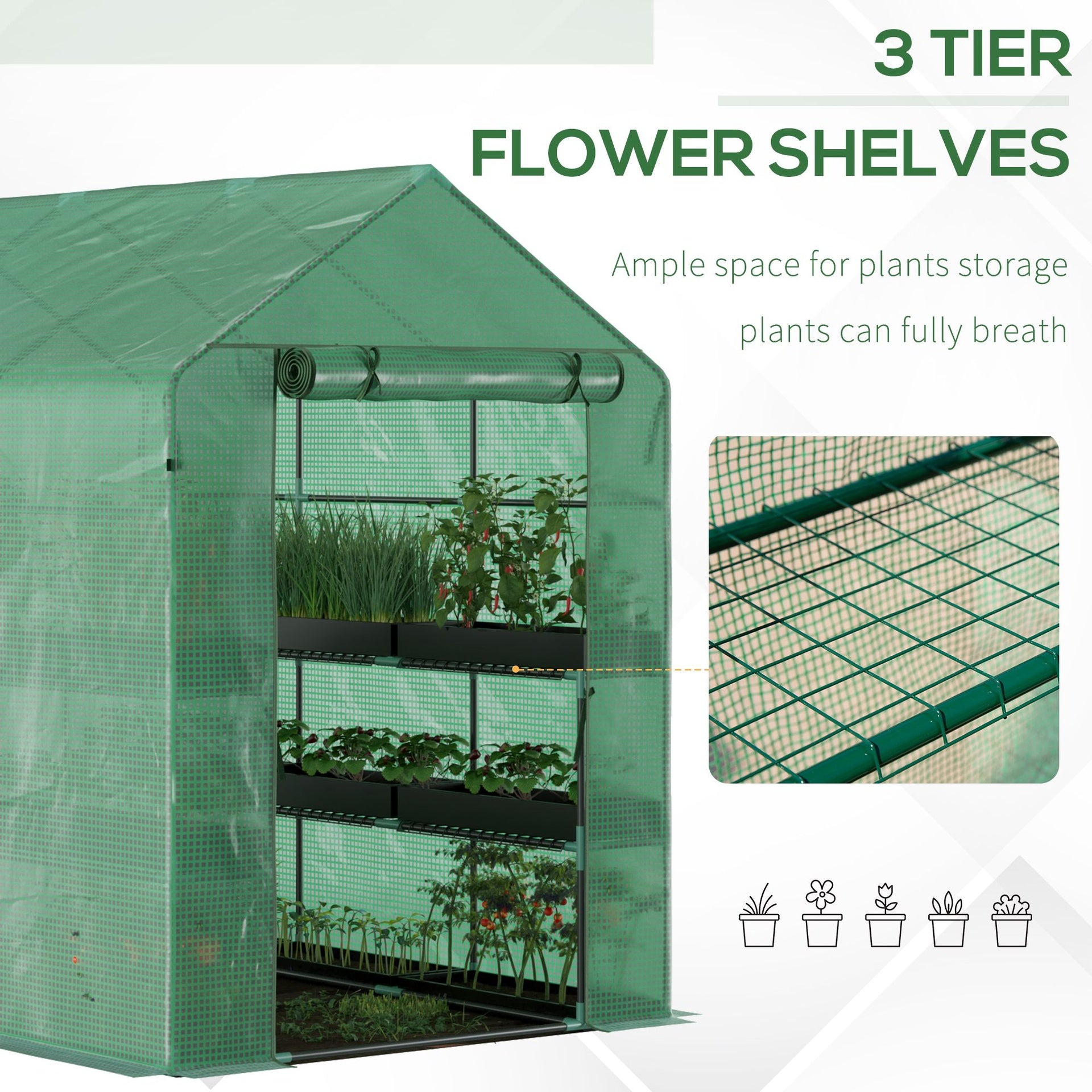 Outsunny 7' x 5' x 6' Walk-in Greenhouse for Outdoors with Mesh Door, 18 Shelf Hot House with Trellis, Plant Labels, UV Protective, Steel Frame for Growing Flowers, Herbs, Vegetables, Saplings, Green