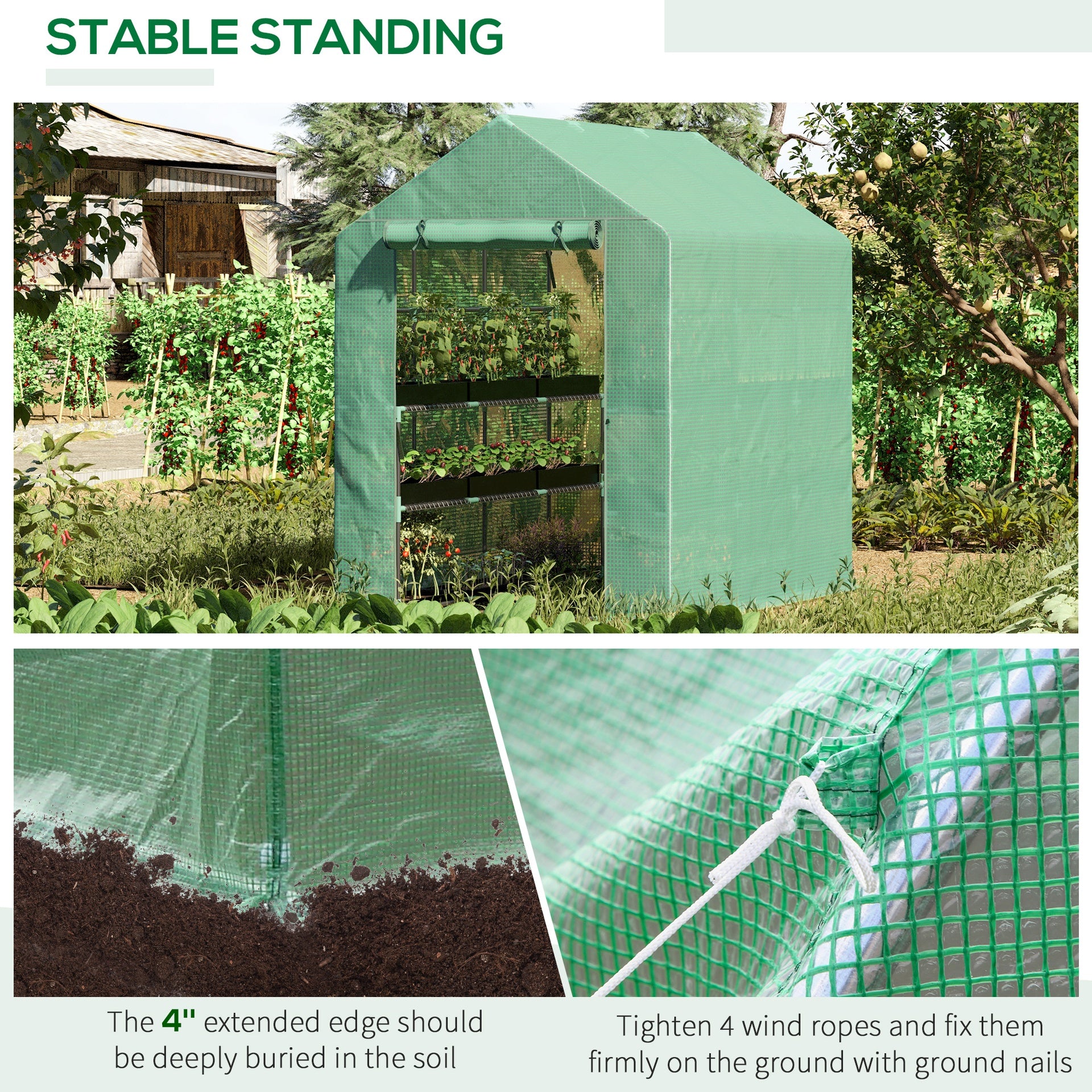 Outsunny 7' x 5' x 6' Walk-in Greenhouse for Outdoors with Mesh Door, 18 Shelf Hot House with Trellis, Plant Labels, UV Protective, Steel Frame for Growing Flowers, Herbs, Vegetables, Saplings, Green