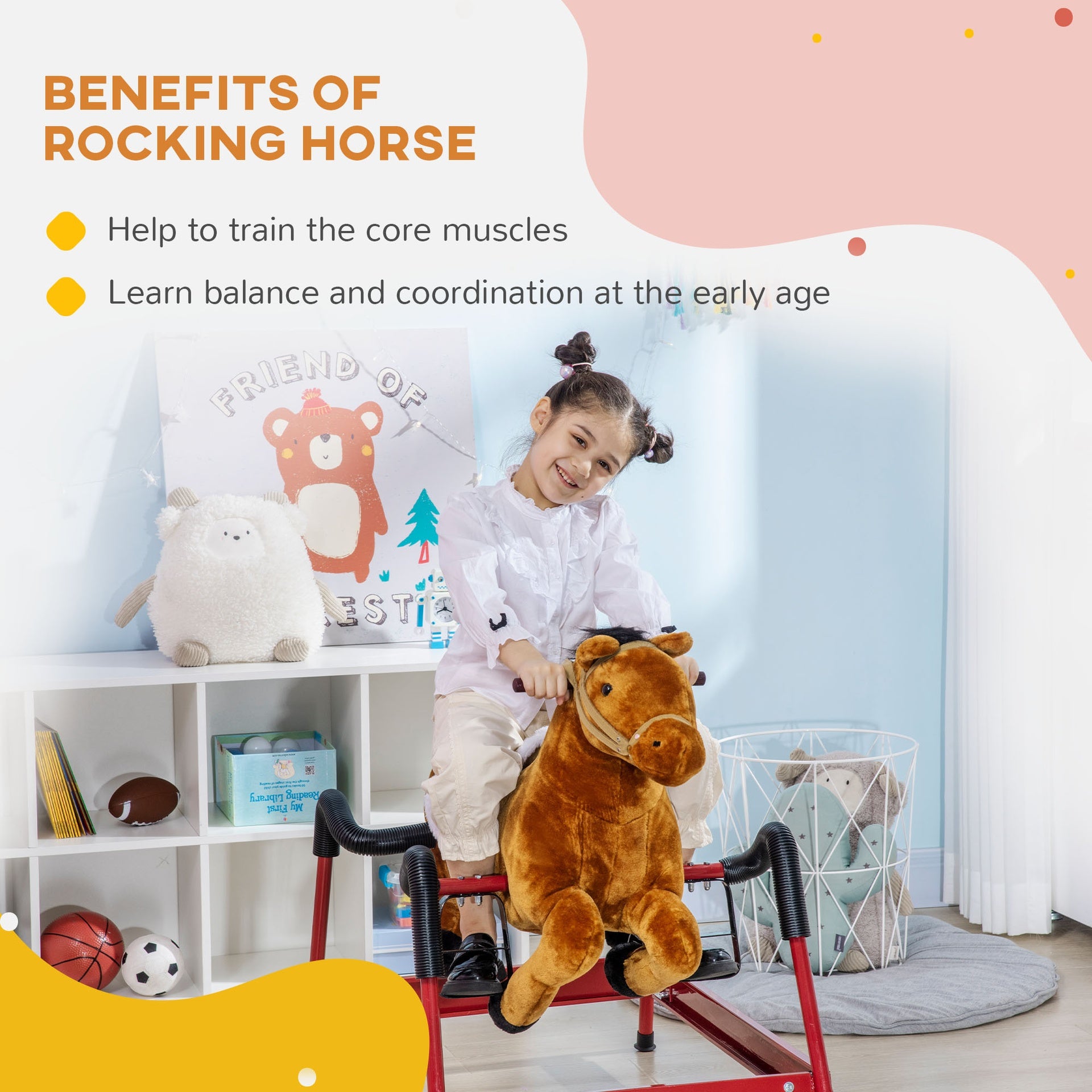 Qaba Kids Spring Rocking Horse, Ride on Horse for Girls and Boys with Animal Sounds, Plush Animal Ride-on Toy with Soft Feel, Interactive Toy for Kids, Light Brown