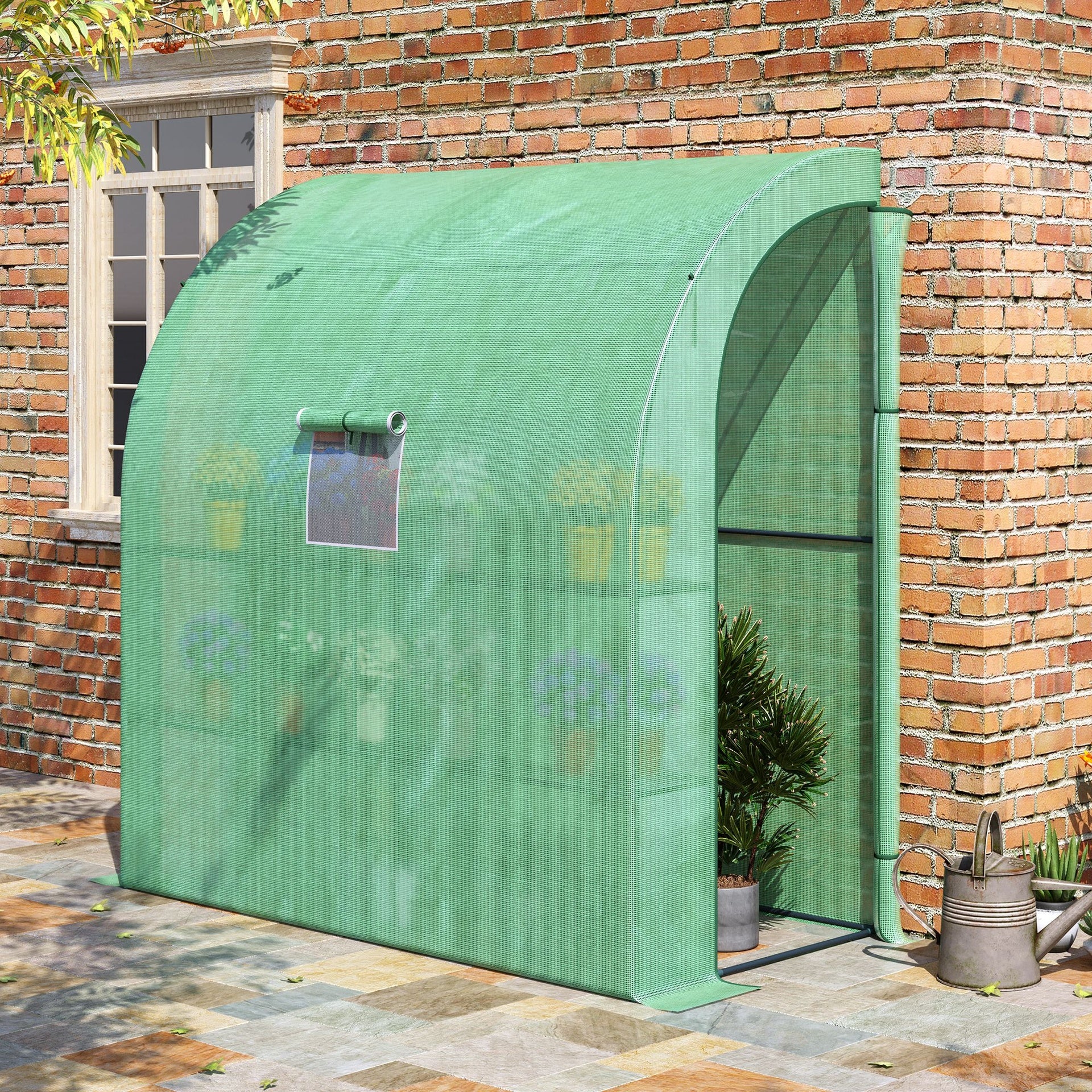 Outsunny 7' x 3' x 7' Lean to Greenhouse, Walk-In Green House, Plant Nursery with 2 Roll-up Doors and Windows, PE Cover and 3 Wire Shelves, Green
