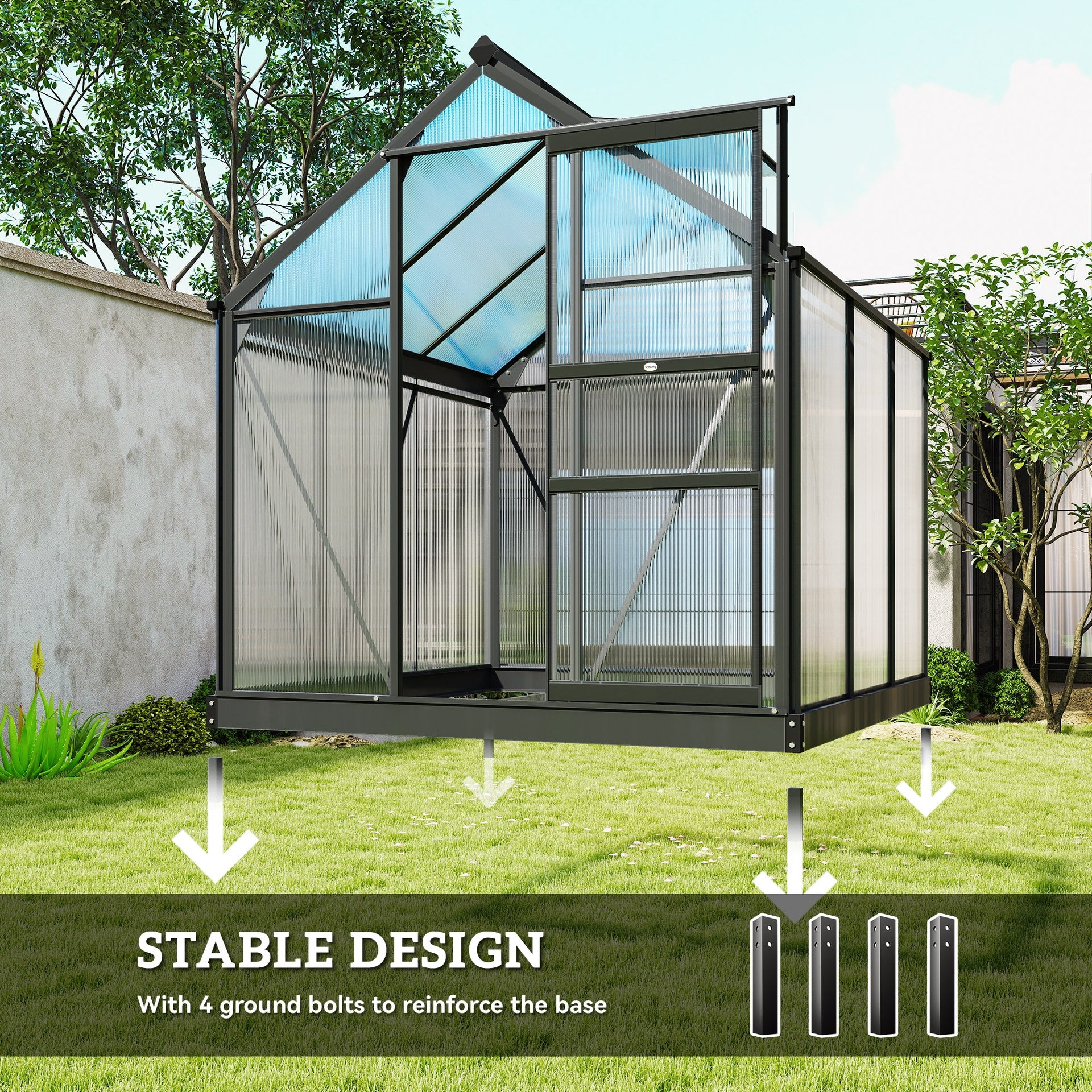 Outsunny Polycarbonate Greenhouse, Heavy Duty Outdoor Aluminum Walk-in Green House Kit Vent Door, 6.2'x6.2'x6.6' Gray
