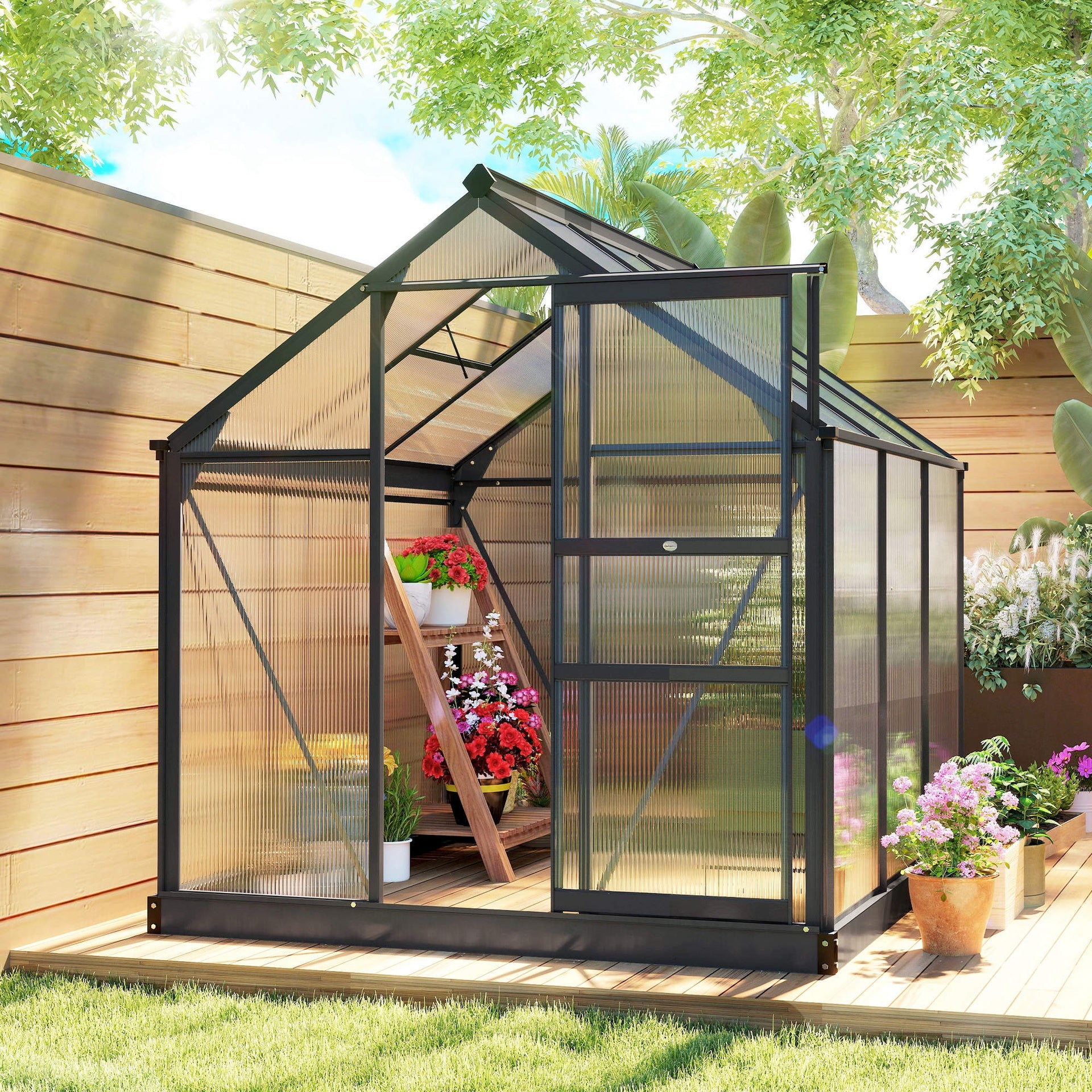 Outsunny Polycarbonate Greenhouse, Heavy Duty Outdoor Aluminum Walk-in Green House Kit Vent Door, 6.2'x6.2'x6.6' Gray