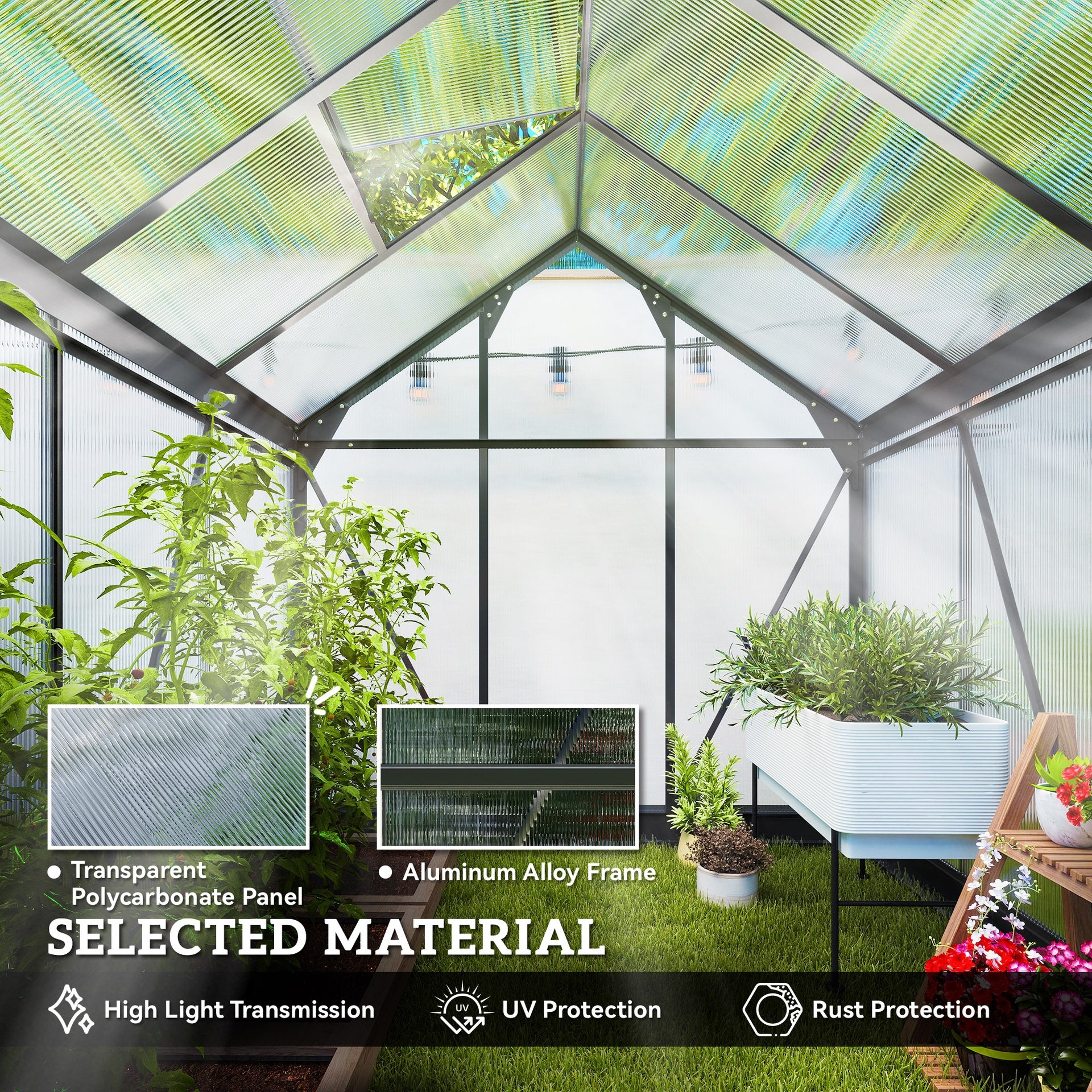 Outsunny Polycarbonate Greenhouse, Heavy Duty Outdoor Aluminum Walk-in Green House Kit Vent Door, 6.2'x6.2'x6.6' Gray