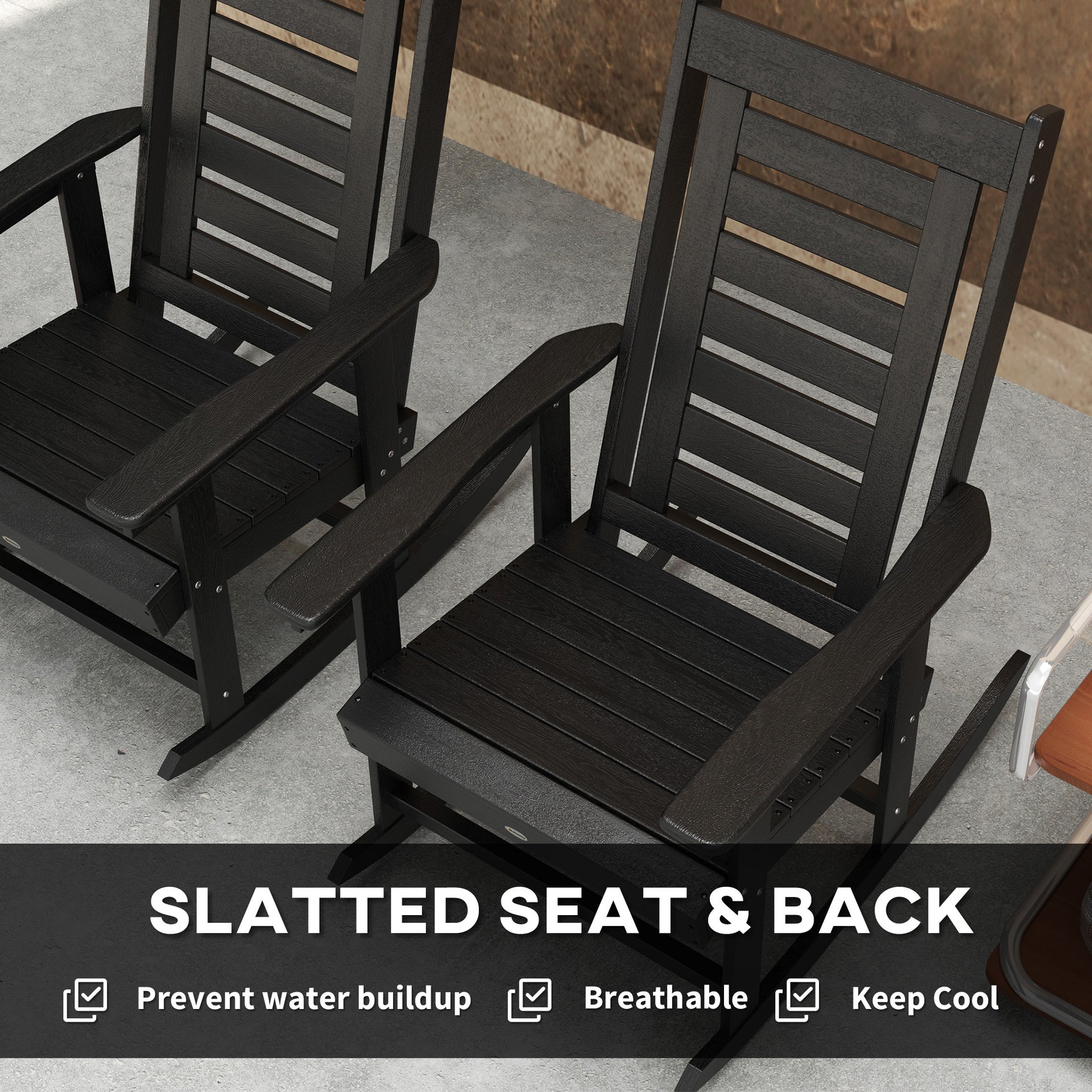 Outsunny 2 Pieces Outdoor Rocking Chairs, HDPE Patio Rockers with 28" High Back, Wide Armrests for Porch Backyard, Black