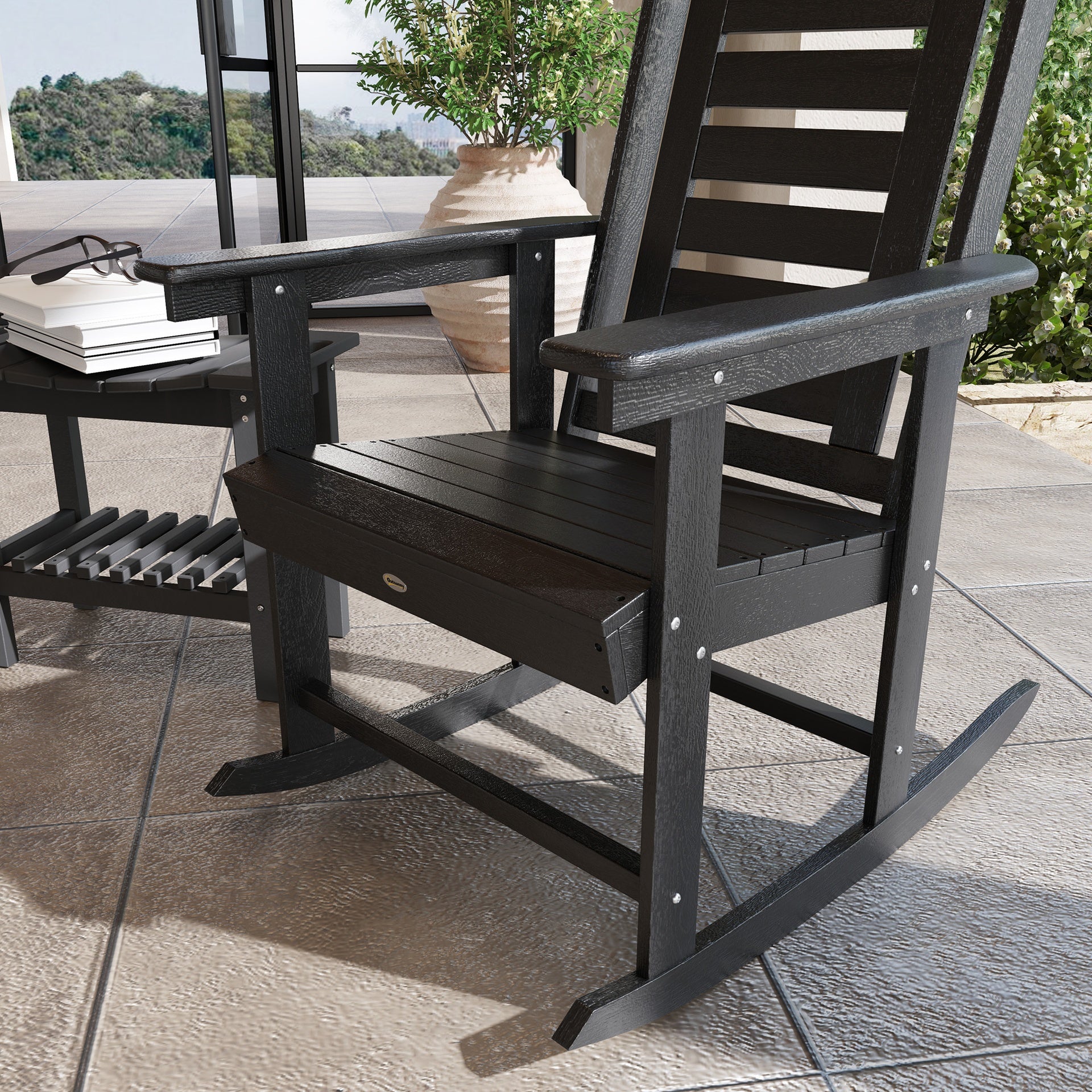 Outsunny 2 Pieces Outdoor Rocking Chairs, HDPE Patio Rockers with 28" High Back, Wide Armrests for Porch Backyard, Black