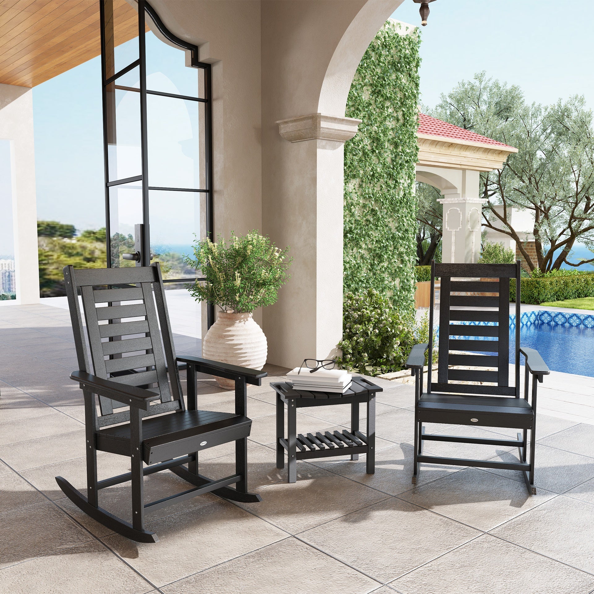 Outsunny 2 Pieces Outdoor Rocking Chairs, HDPE Patio Rockers with 28" High Back, Wide Armrests for Porch Backyard, Black