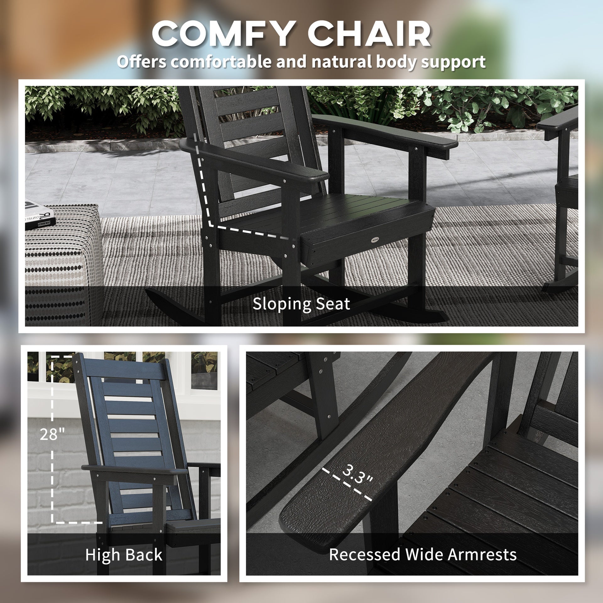 Outsunny 2 Pieces Outdoor Rocking Chairs, HDPE Patio Rockers with 28" High Back, Wide Armrests for Porch Backyard, Black
