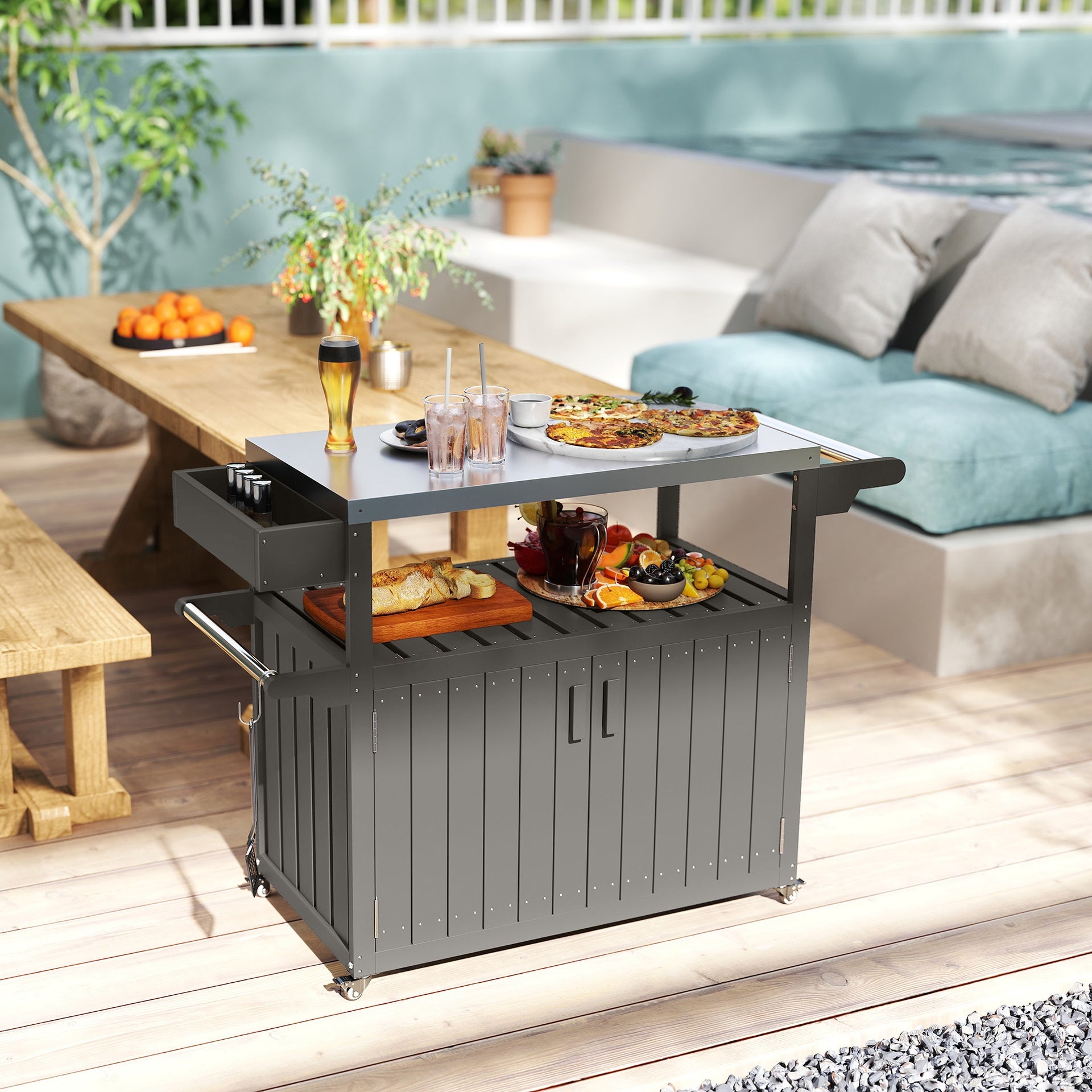 Outsunny Outdoor Bar Cart with Storage, Stainless Steel Outdoor Bar Table Top, Wheeled HDPE Kitchen Island for Food Prep, Gray
