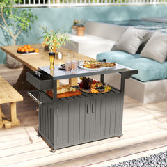 Outsunny Outdoor Bar Cart with Storage, Stainless Steel Outdoor Bar Table Top, Wheeled HDPE Kitchen Island for Food Prep, Gray