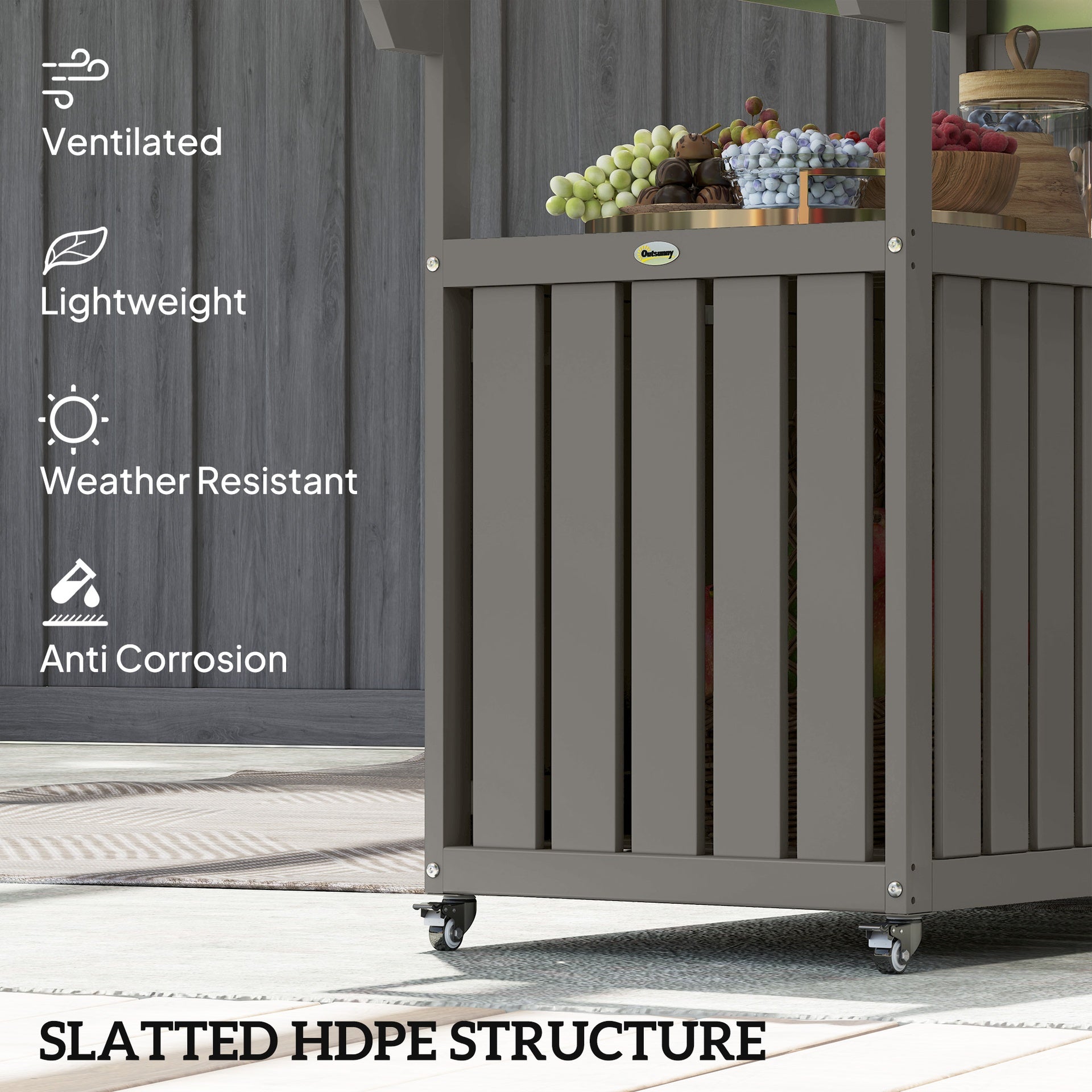 Outsunny Outdoor Bar Cart with Storage, Stainless Steel Outdoor Bar Table Top, Wheeled HDPE Kitchen Island for Food Prep, Gray