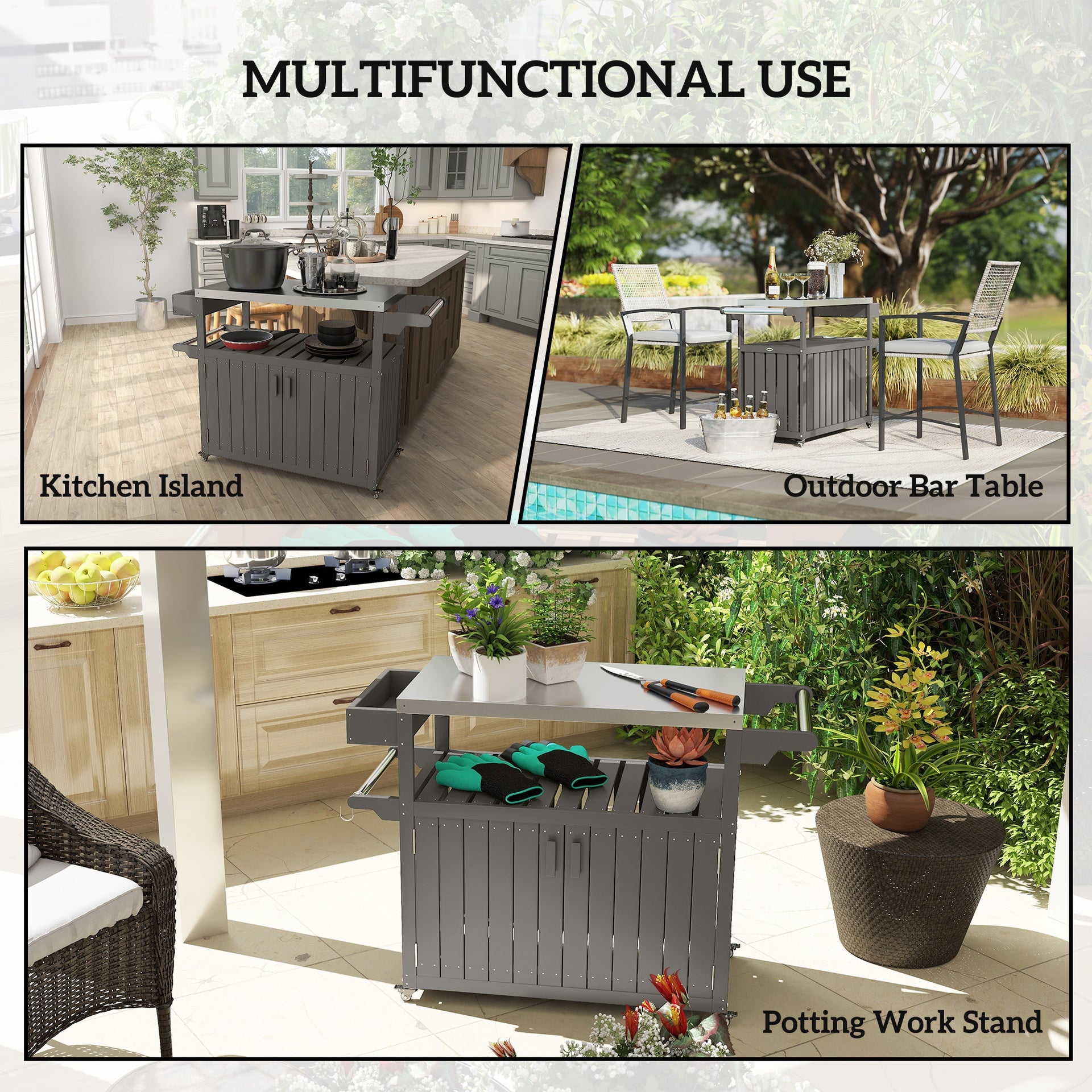 Outsunny Outdoor Bar Cart with Storage, Stainless Steel Outdoor Bar Table Top, Wheeled HDPE Kitchen Island for Food Prep, Gray