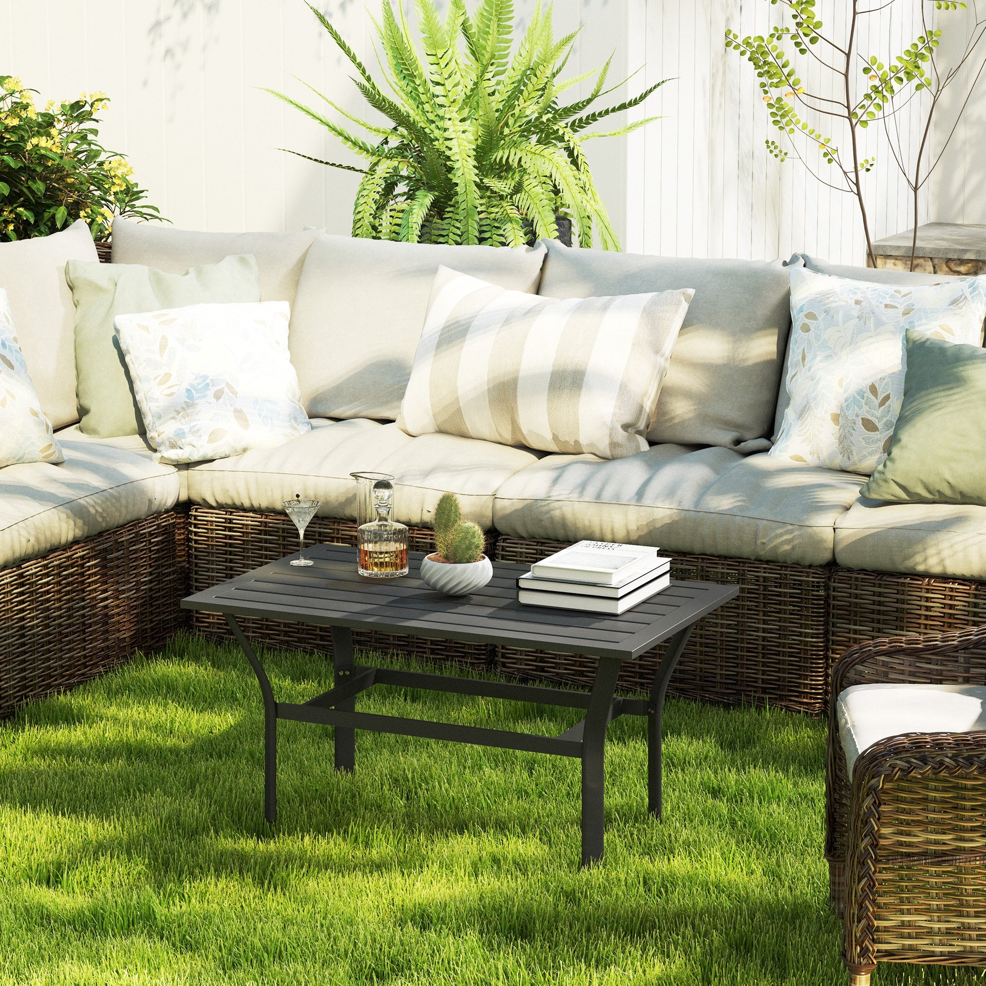 Outsunny Outdoor Coffee Table with Slatted Tabletop, All-Weather Rectangle Metal Patio Coffee Table for Garden, Black