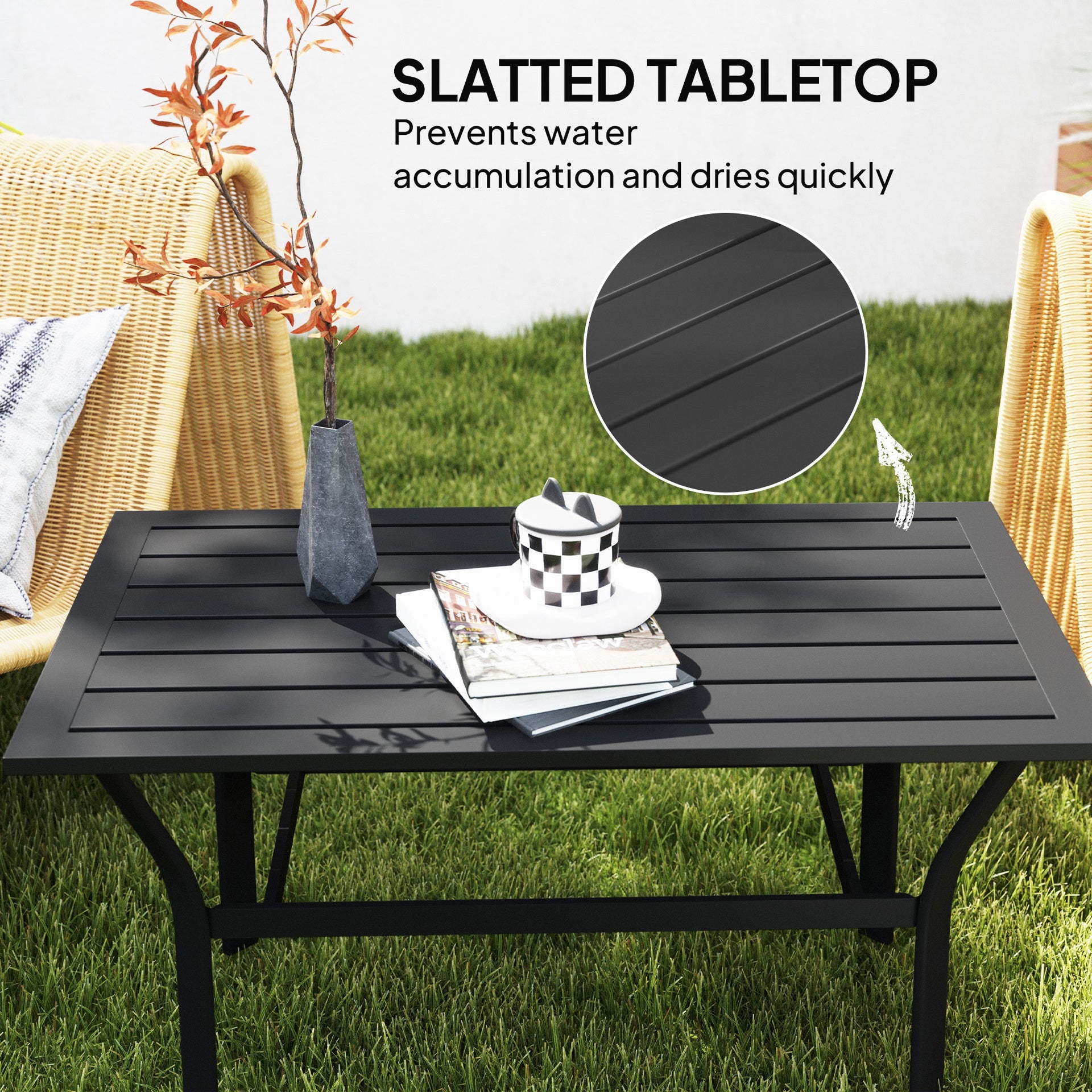 Outsunny Outdoor Coffee Table with Slatted Tabletop, All-Weather Rectangle Metal Patio Coffee Table for Garden, Black