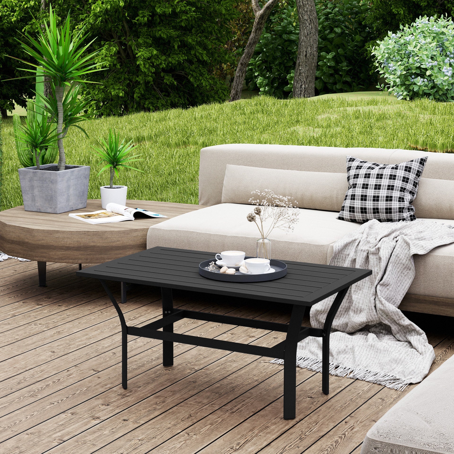 Outsunny Outdoor Coffee Table with Slatted Tabletop, All-Weather Rectangle Metal Patio Coffee Table for Garden, Black