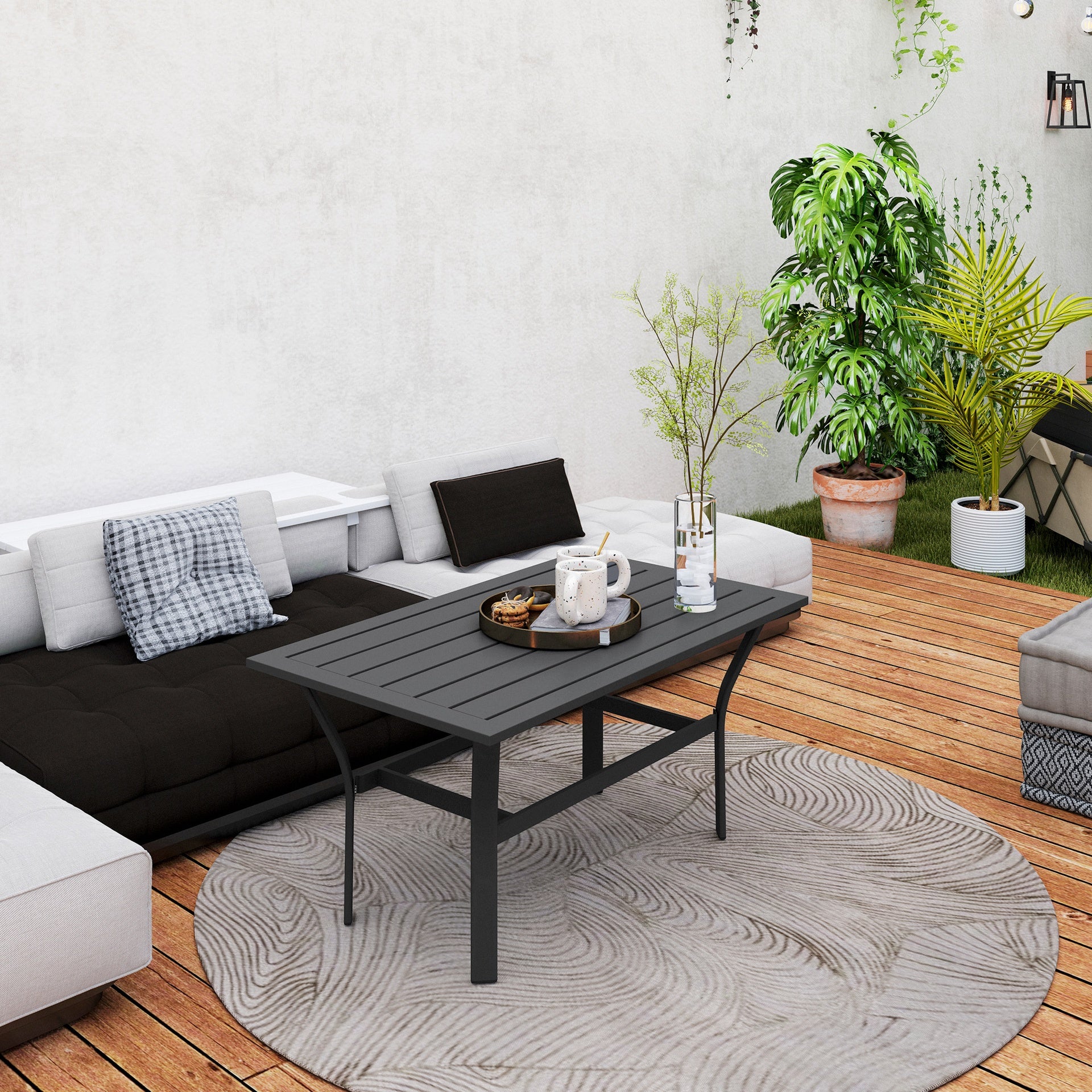 Outsunny Outdoor Coffee Table with Slatted Tabletop, All-Weather Rectangle Metal Patio Coffee Table for Garden, Black